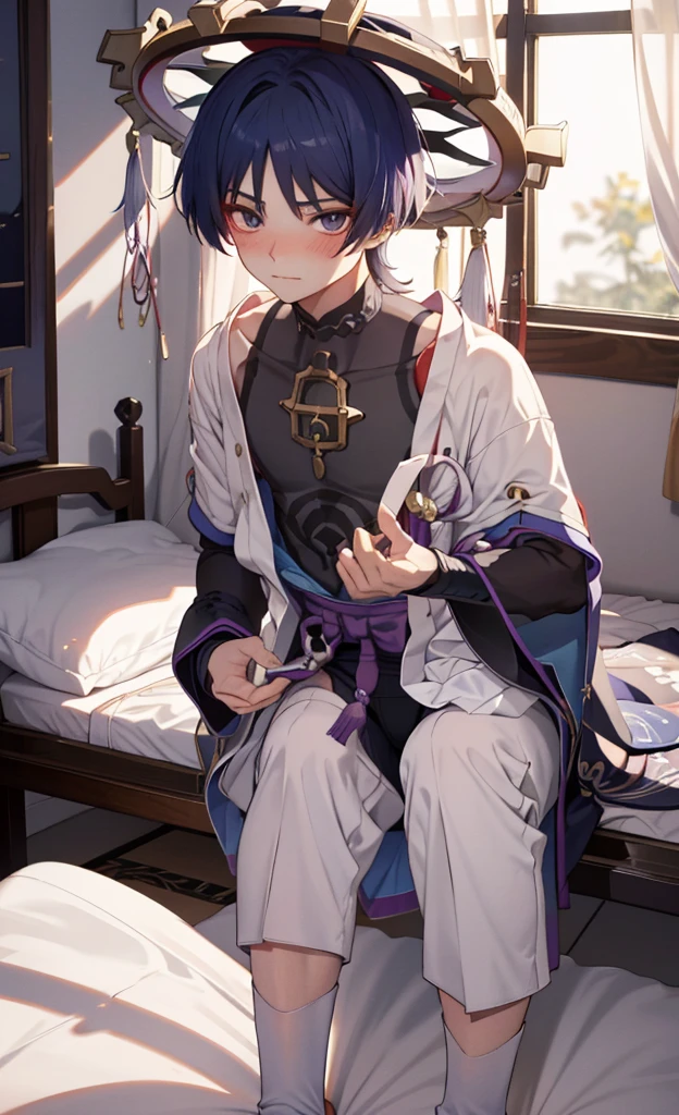 god wanderer，原god wanderer，Wearing cute and sexy pajamas，Blushing and lying on the bed shyly，Lifting up the clothes with his hands to reveal his flesh，in bedroom，The bed is white，Close the curtains at night，
