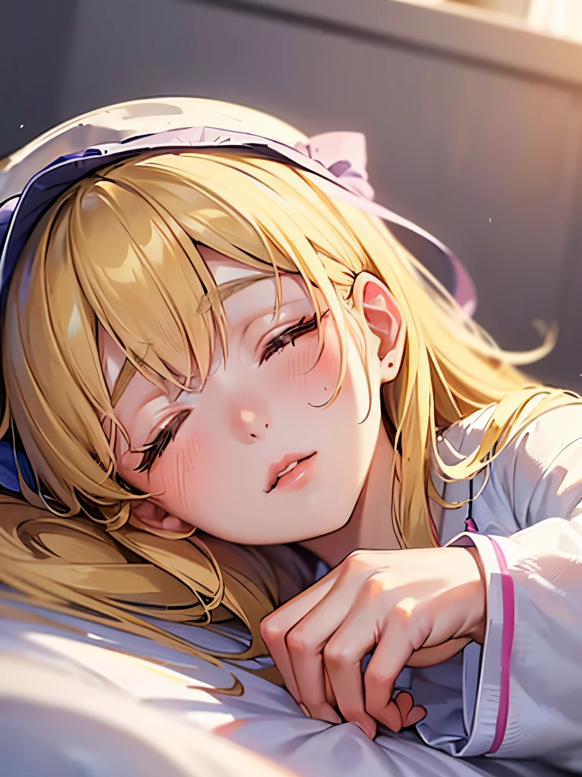 character//1 girl,((luxury bed:1.4)),((sleeping comfortably:1.35)),((sleeping face:1.2)),((blonde:1.2)),((pajamas like a princess:1.2)),((wearing a nightcap)),((close up of face:1.4))