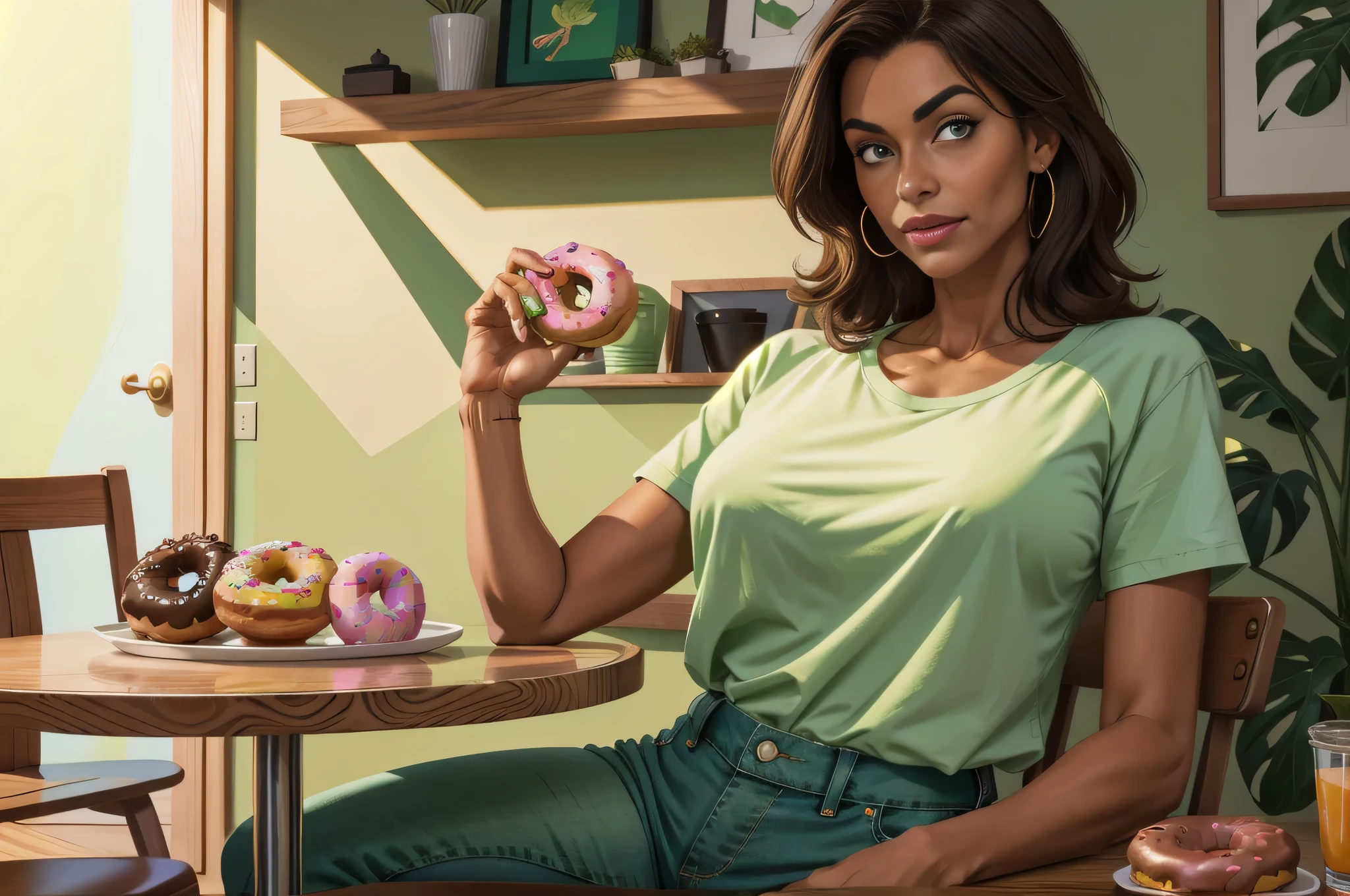 There's a woman sitting at a table with a doughnut in her hand. Vestindo jeans verdes e uma camisa verde clara. Uma mulher com pele branca bronzeada e cabelos escuros. ela tem cerca de 35 anos. foto de corpo inteiro, Limpar foto, alta qualidade, high resolution, obra de arte, 8k