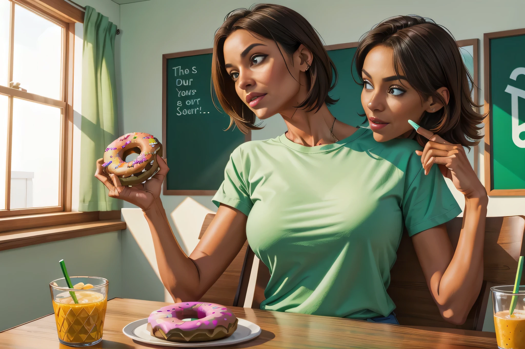 There's a woman sitting at a table with a doughnut in her hand. Vestindo jeans verdes e uma camisa verde clara. Uma mulher com pele branca bronzeada e cabelos escuros. ela tem cerca de 35 anos. foto de corpo inteiro, Limpar foto, alta qualidade, high resolution, obra de arte, 8k