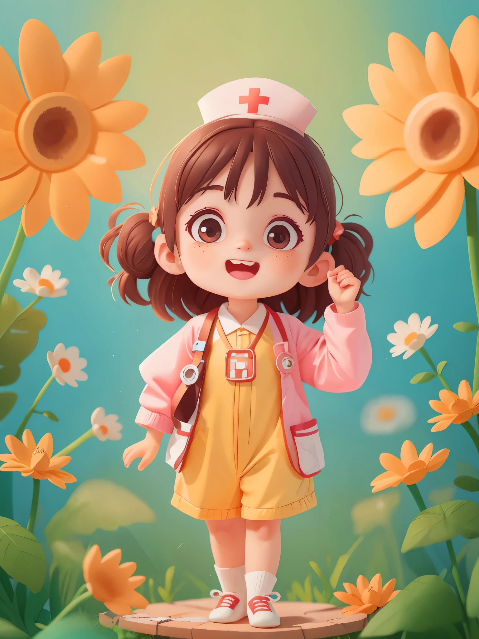 1 girl, preschool，wear(((Nurse服))), Dress up as a doctor，（Nurse），sunny, (masterpiece: 1.2) (actual: 1.2) (Bokeh) (best quality) (delicate skin: 1.3) (intricate details) (8k) (exquisite eyes) (sharp focus), (happy)