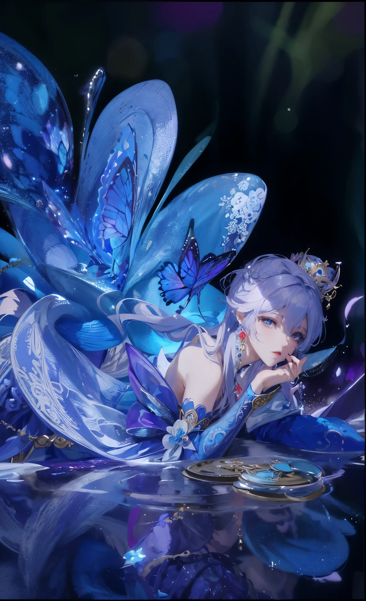 There was a woman dressed in blue,There is a butterfly on the head, xianxia fantasy, Water magic close-up fantasy, 4K detail fantasy, beautiful fantasy queen, Chinese fantasy, Complex and gorgeous anime CGI style, ((beautiful fantasy queen)), 8k high quality detailed art, Queen of the Sea Mu Yanling, Popular topics on cgstation