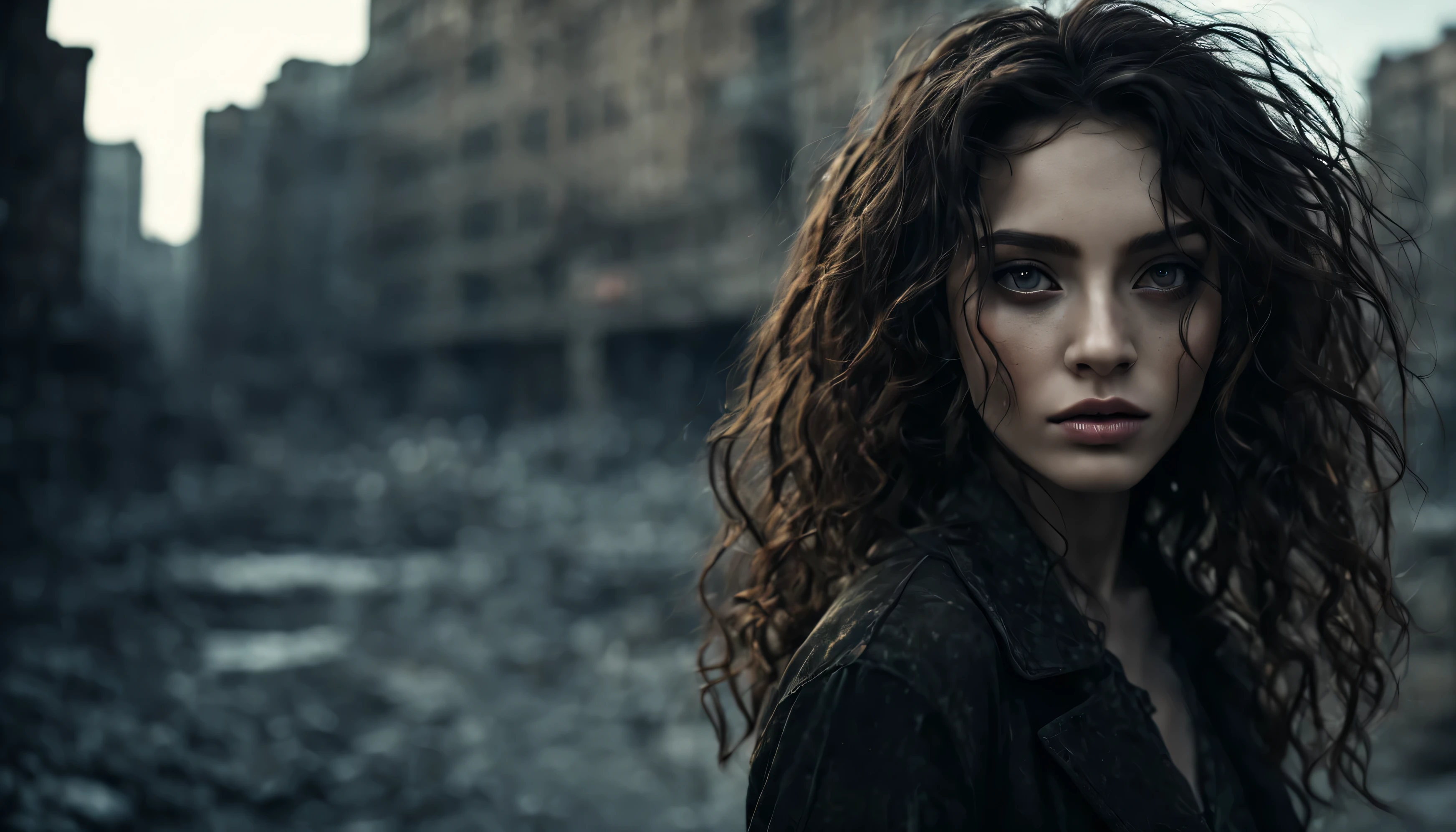 the most beautiful female on the planet, dramatic ambience, collective ethnicity of different races, long flowing hair against the background of a rock a rusty decayed city under the broken dust, deep shadows, high quality, high resolution, cinematic, dark, vapor, abandoned, conceptual hyper-aesthetic dramatic ambience. Her curly hair frames her face, drawing attention to her striking gray eyes. Her pale skin, with its intricate texture, adds depth and character to her aesthetic. As she savors the moment, she radiates a quiet confidence and contentment. 16k, extreme detail, fine textures, ((dark shadows)), dark, sharp lines, ((time the revelatory)), vivid colors. beautiful. revealing. masterpiece. vibrant. (back lighting). (void:1.2). (perspective:1.3). (wind:1.1). (tang:1.1). (time:1.4). (decay:1.3). (fog:1.1). (ruin:1.1) Shot on a Hasselblad high format camera with a 100mm lens, this portrait is a stunning example of visual storytelling, this cinematic image captures the model's effortless beauty and the grandeur of the city below. (35mm, F/2.8) Photo Focus, DOF, Aperture, and hyper-maximalist rendering bring this scene to life in stunning detail. This image captures every nuance of her expression, from the subtle creases in her skin to the way her hair falls around her face. It's a stunningly realistic and visually descriptive piece. The composition is expertly crafted, with global illumination adding a sense of depth and dimension.