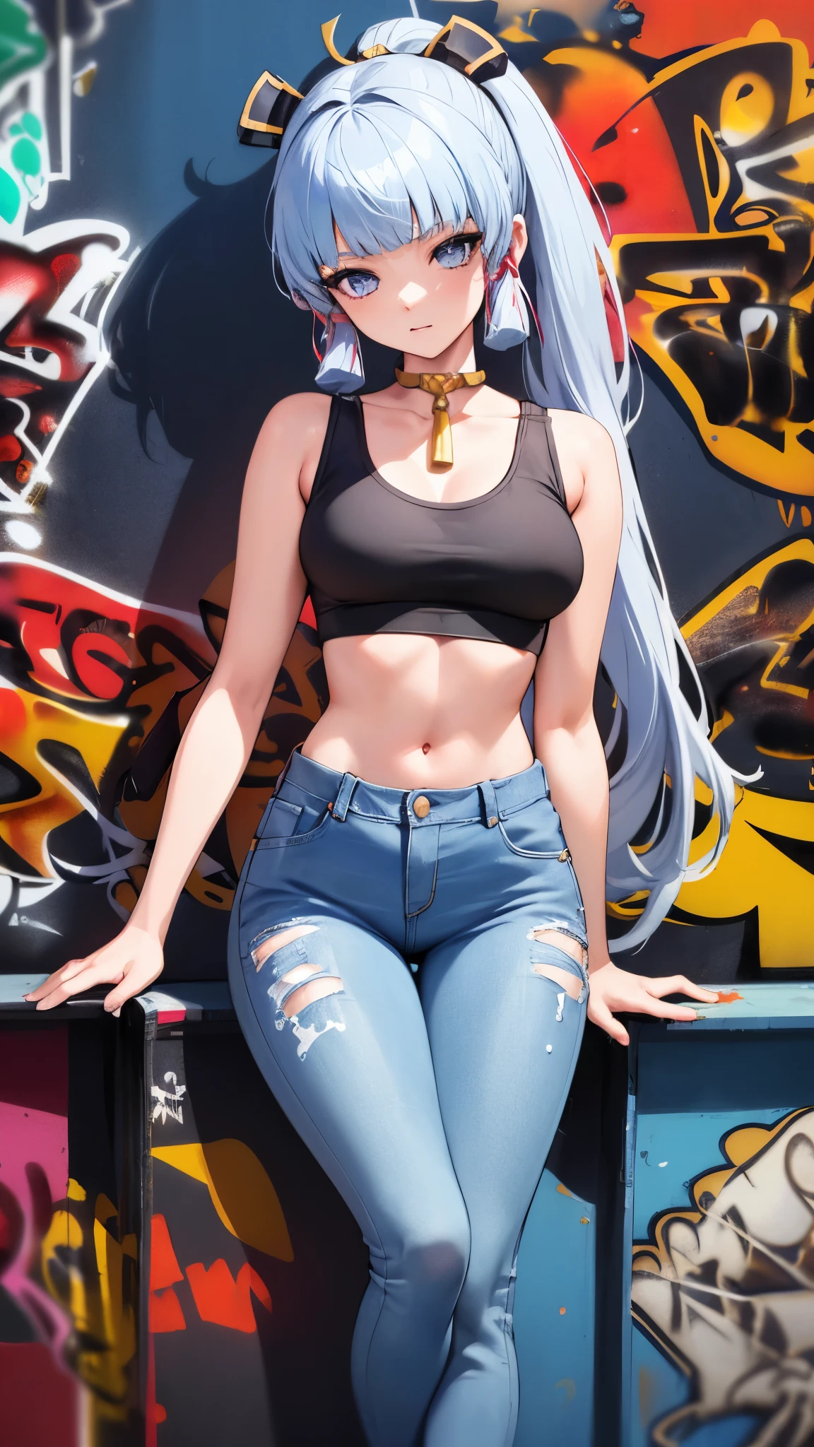 Ayaka Kamisato|Genshin Impact, masterpiece, best quality, 1 girl,25 years old, Proportional body, Lengthen the legs, beautiful, Proportional., crop top, long jeans, medium breasts, ,only, crop top, collar, (Graffiti:1.5), Splash with purple lightning pattern., arms behind back, against the wall, View viewers from the front., thigh strap, head tilt, boring,(national technology development bureau.:1.2), (10, best quality, masterpiece: 1.4), beautiful red hair, ultra high resolution, (lifelike, lifelike的肖像: 1.48), 20 years old, cute girl, (View through crop top.), Famous actor of the Japan, beautiful and clear eyes, head tilt, cowboy shooting, from the front, looking at the audience, Poker face, beautiful lake, Zeiss 150mm f/ 2.8 Hasselblad, whole body, foot, super wide angle,