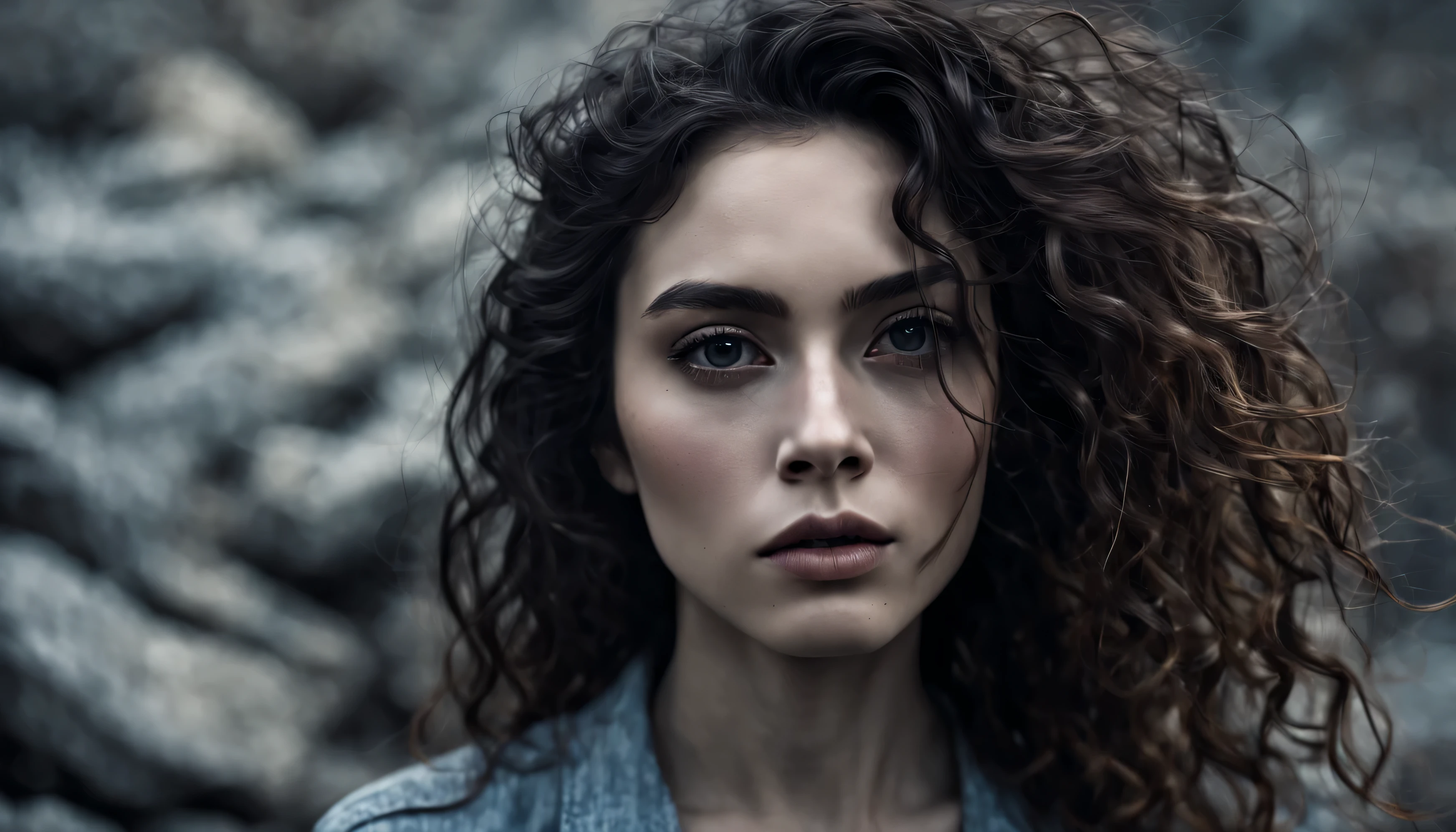 the most beautiful female on the planet, dramatic ambience, collective ethnicity of different races, long flowing hair against the background of a rock a rusty decayed city under the broken dust, deep shadows, high quality, high resolution, cinematic, dark, vapor, abandoned, conceptual hyper-aesthetic dramatic ambience. Her curly hair frames her face, drawing attention to her striking gray eyes. Her pale skin, with its intricate texture, adds depth and character to her aesthetic. As she savors the moment, she radiates a quiet confidence and contentment. 16k, extreme detail, fine textures, ((dark shadows)), dark, sharp lines, ((time the revelatory)), vivid colors. beautiful. revealing. masterpiece. vibrant. (back lighting). (void:1.2). (perspective:1.3). (wind:1.1). (tang:1.1). (time:1.4). (decay:1.3). (fog:1.1). (ruin:1.1) Shot on a Hasselblad high format camera with a 100mm lens, this portrait is a stunning example of visual storytelling, this cinematic image captures the model's effortless beauty and the grandeur of the city below. (35mm, F/2.8) Photo Focus, DOF, Aperture, and hyper-maximalist rendering bring this scene to life in stunning detail. This image captures every nuance of her expression, from the subtle creases in her skin to the way her hair falls around her face. It's a stunningly realistic and visually descriptive piece. The composition is expertly crafted, with global illumination adding a sense of depth and dimension.