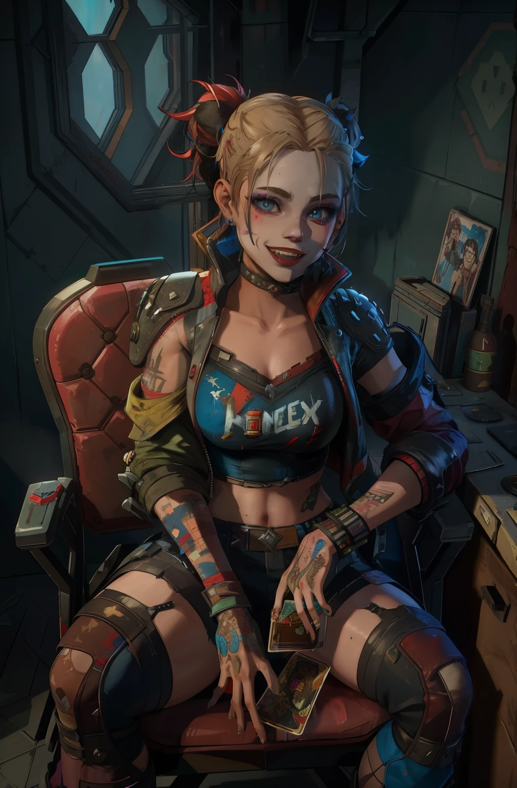 Apex Legends, Borderlands, Valorant, Harley Quinn ,smiling, holding cards, tank top, sitting in chair, (insanely detailed, beautiful detailed face, beautiful detailed eyes, masterpiece, best quality),solo, cyberpunk,