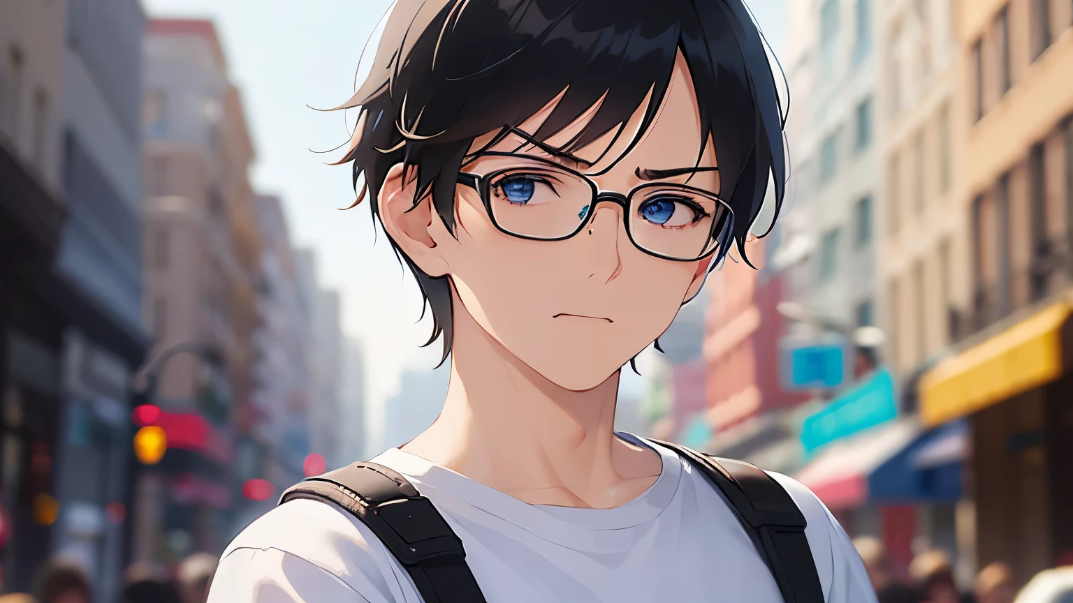 (outstretched arms:1.5), (plastic frame eyewear:1.3), masterpiece、high quality、(25 year old man with short black hair and blue eyes:1.5), hair over eyes, wearing a white T-shirt、(Alone:1.5)、(annoyed:1.5)、open mouth, (close up of your face:1.3)、(Only the upper body is shown.:1.3)、The background is a shopping street、bold composition、