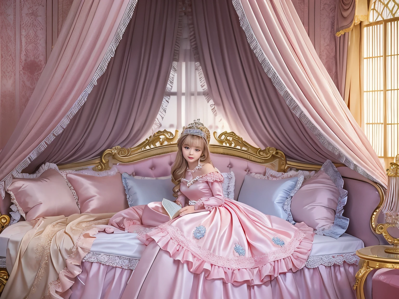 ,highest quality, masterpiece, highest resolution, artwork, super それにget used to it, many get used to it, get used to it, それにget used to it, 3K realistic photos,,(( At the )),Super detailed baby face princess,Full length ball gown dress with hoop skirt,ruffled yoke collar,puff sleeves,long sleeve,((Lolita style hot pink detailed princess satin dress、Comes with lots of frills and ribbons。)),Colorful fashion in rococo style,shiny satin dress,Soft and smooth fabric,luxury,long blonde hair,blue eyes,white skin european,pajamas,((inside the palace)),,,(( At the age of 10)),Super baby face,Full length ball s with hoop skirt,ruffled yoke collar,puff sleeves,腰まで伸びるlong blonde hair,blue eyes,white skin european,pajamas,((inside the palace bedroom)),ピンクのシルクサテンのluxuryなcanopy bedの上,canopy bed,luxurious curtains under the canopy,many frilly pillows on the bed,super detailed background,Detailed bed,romantic atmosphere,A little princess is sleeping in the bting one's head on a pillow,