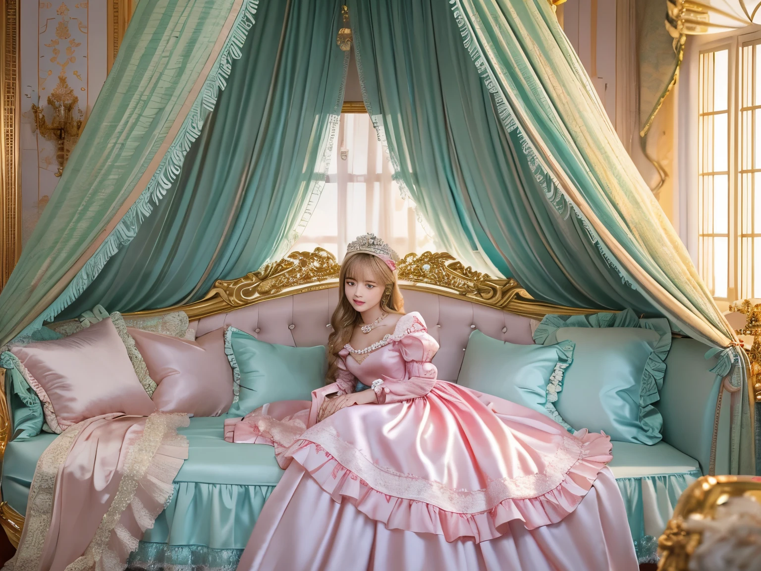 ,highest quality, masterpiece, highest resolution, artwork, super それにget used to it, many get used to it, get used to it, それにget used to it, 3K realistic photos,,(( At the age of 10)),Super detailed baby face,She is a princess,Full length ball gown dress with hoop skirt,ruffled yoke collar,puff sleeves,long sleeve,((Lolita style hot pink detailed princess satin dress、Comes with lots of frills and ribbons。)),Colorful fashion in rococo style,shiny satin dress,Soft and smooth fabric,luxury,long blonde hair,blue eyes,white skin european,pajamas,((inside the palace)),,,(( At the age of 10)),Super detailed baby face,Full length ball gown dress with hoop skirt,ruffled yoke collar,puff sleeves,腰まで伸びるlong blonde hair,blue eyes,white skin european,pajamas,((inside the palace bedroom)),ピンクのシルクサテンのluxuryなcanopy bedの上,canopy bed,luxurious curtains under the canopy,many frilly pillows on the bed,super detailed background,Detailed bed,romantic atmosphere,A little princess is sleeping in the bed,resting one's head on a pillow,
