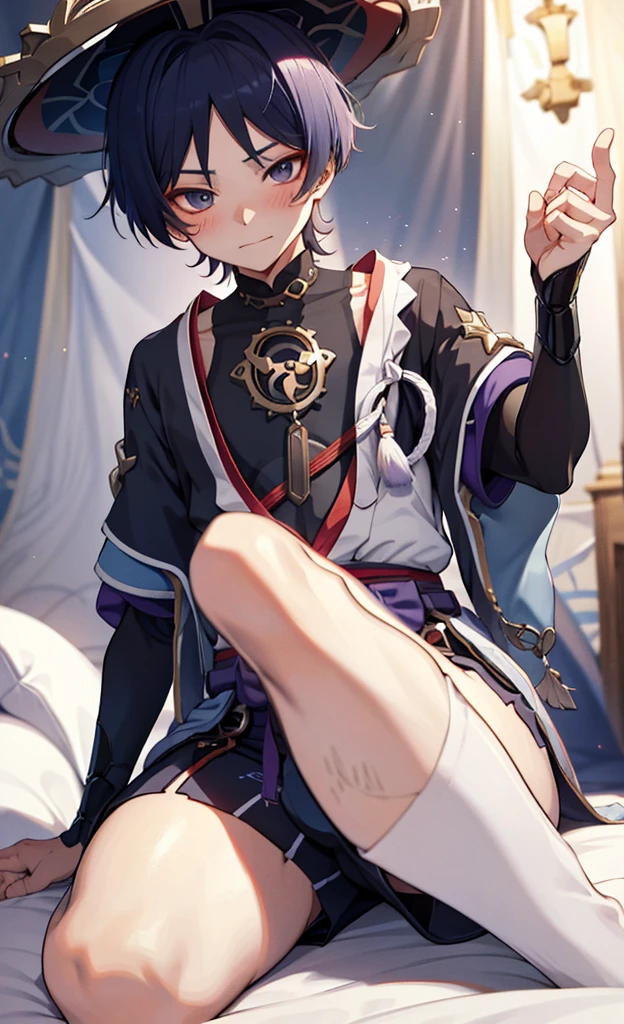 god wanderer，原god wanderer，Wearing cute and sexy pajamas，Blushing and lying on the bed shyly，Lifting up the clothes with his hands to reveal his flesh，in bedroom，The bed is white，Close the curtains at night，