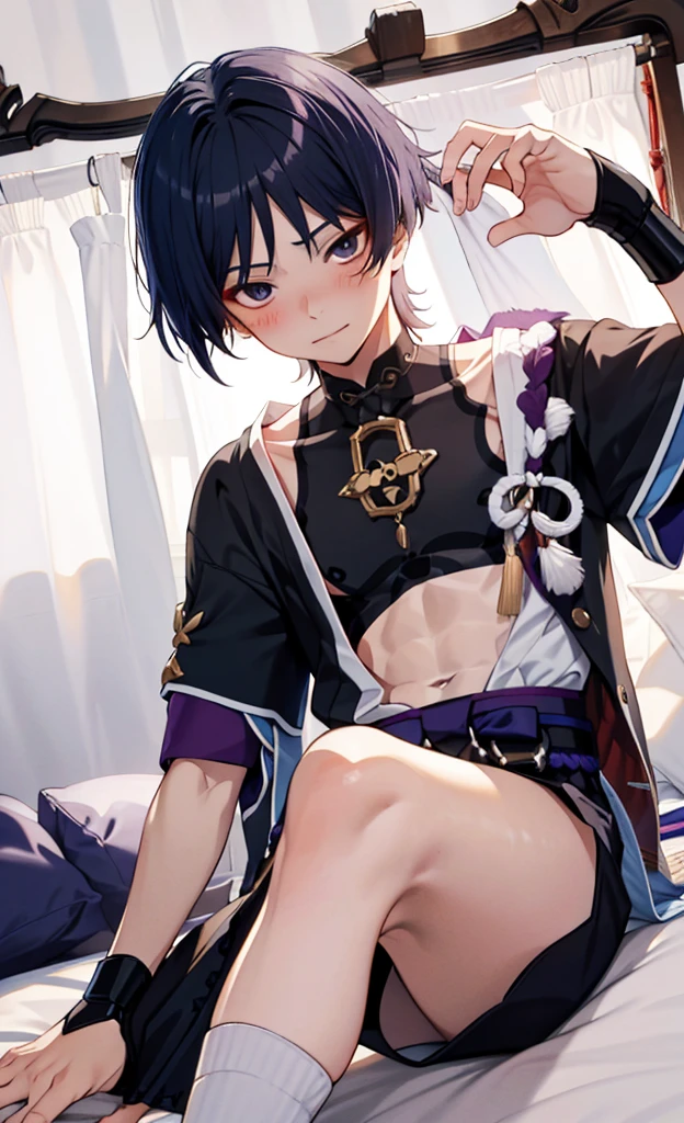 Genshin Wanderer，Wearing cute and sexy pajamas，Blushing and lying on the bed shyly，Lifting up the clothes with his hands, the flesh between his belly was revealed，The legs are all very white in the photo，in bedroom，The bed is white，Close the curtains at night