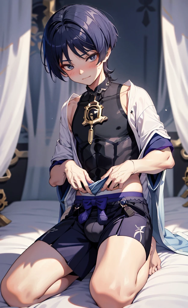 god wanderer，原god wanderer，Wearing cute and sexy pajamas，Blushing and lying on the bed shyly，Lifting up the clothes with his hands to reveal his flesh，in bedroom，The bed is white，Close the curtains at night，