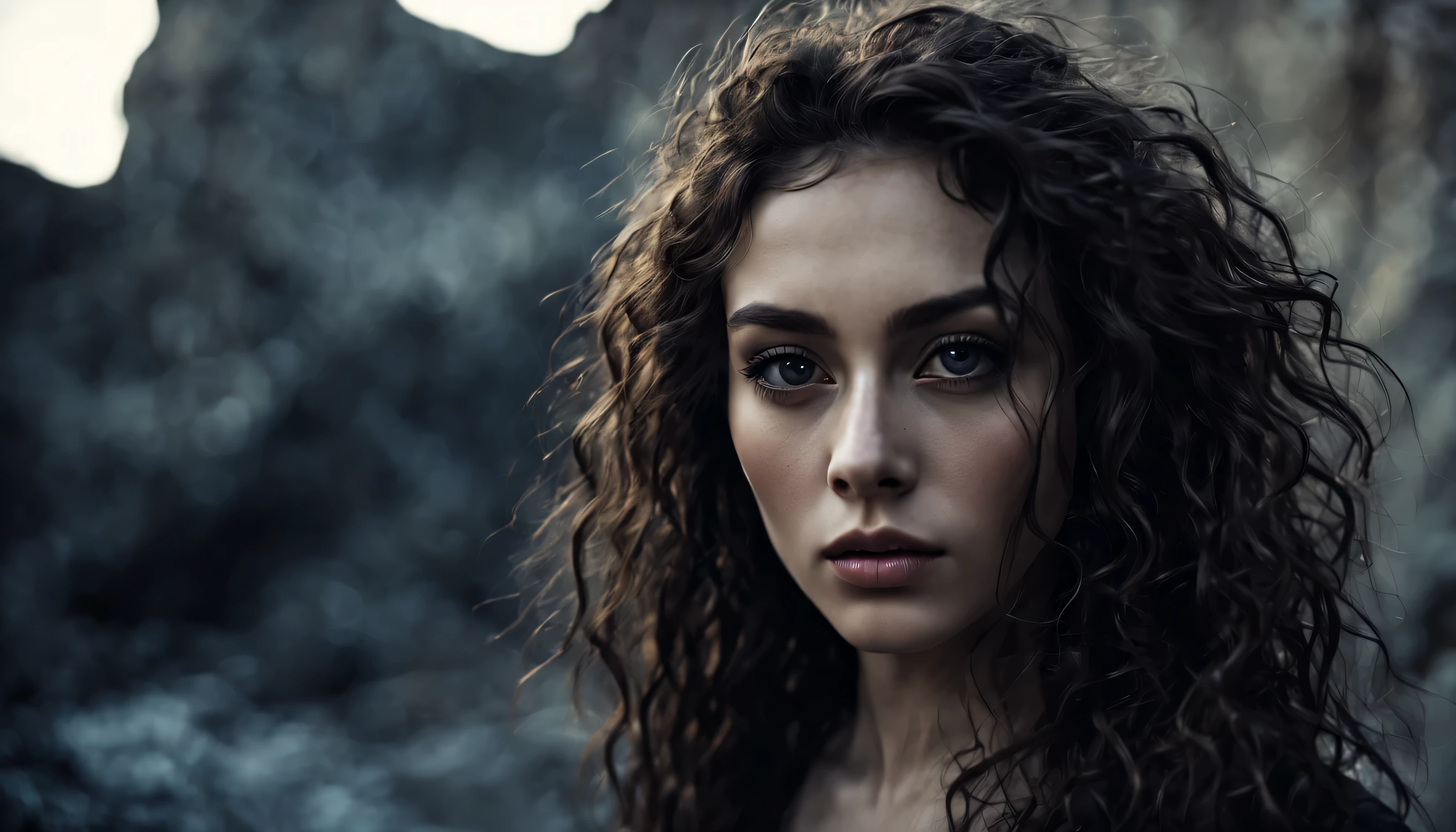 the most beautiful female on the planet, dramatic ambience, collective ethnicity of different races, long flowing hair against the background of a rock a rusty decayed city under the broken dust, deep shadows, high quality, high resolution, cinematic, dark, vapor, abandoned, conceptual hyper-aesthetic dramatic ambience. Her curly hair frames her face, drawing attention to her striking gray eyes. Her pale skin, with its intricate texture, adds depth and character to her aesthetic. As she savors the moment, she radiates a quiet confidence and contentment. 16k, extreme detail, fine textures, ((dark shadows)), dark, sharp lines, ((time the revelatory)), vivid colors. beautiful. revealing. masterpiece. vibrant. (back lighting). (void:1.2). (perspective:1.3). (wind:1.1). (tang:1.1). (time:1.4). (decay:1.3). (fog:1.1). (ruin:1.1) Shot on a Hasselblad high format camera with a 100mm lens, this portrait is a stunning example of visual storytelling, this cinematic image captures the model's effortless beauty and the grandeur of the city below. (35mm, F/2.8) Photo Focus, DOF, Aperture, and hyper-maximalist rendering bring this scene to life in stunning detail. This image captures every nuance of her expression, from the subtle creases in her skin to the way her hair falls around her face. It's a stunningly realistic and visually descriptive piece. The composition is expertly crafted, with global illumination adding a sense of depth and dimension.
