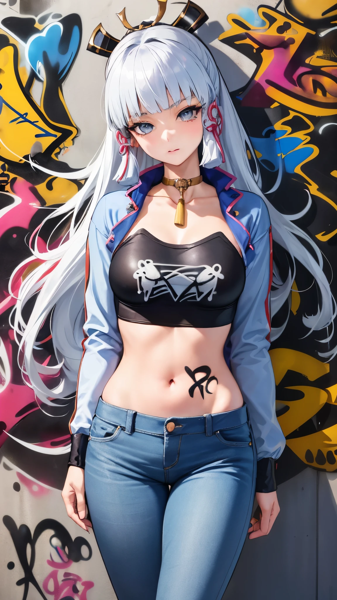 Ayaka Kamisato|Genshin Impact, masterpiece, best quality, 1 girl,25 years old, Proportional body, Lengthen the legs, beautiful, Proportional., crop top, long jeans, medium breasts, ,only, crop top, collar, (Graffiti:1.5), Splash with purple lightning pattern., arms behind back, against the wall, View viewers from the front., thigh strap, head tilt, boring,(national technology development bureau.:1.2), (10, best quality, masterpiece: 1.4), beautiful red hair, ultra high resolution, (lifelike, lifelike的肖像: 1.48), 20 years old, cute girl, (View through crop top.), Famous actor of the Japan, beautiful and clear eyes, head tilt, cowboy shooting, from the front, looking at the audience, Poker face, beautiful lake, Zeiss 150mm f/ 2.8 Hasselblad,  whole body, foot, super wide angle,