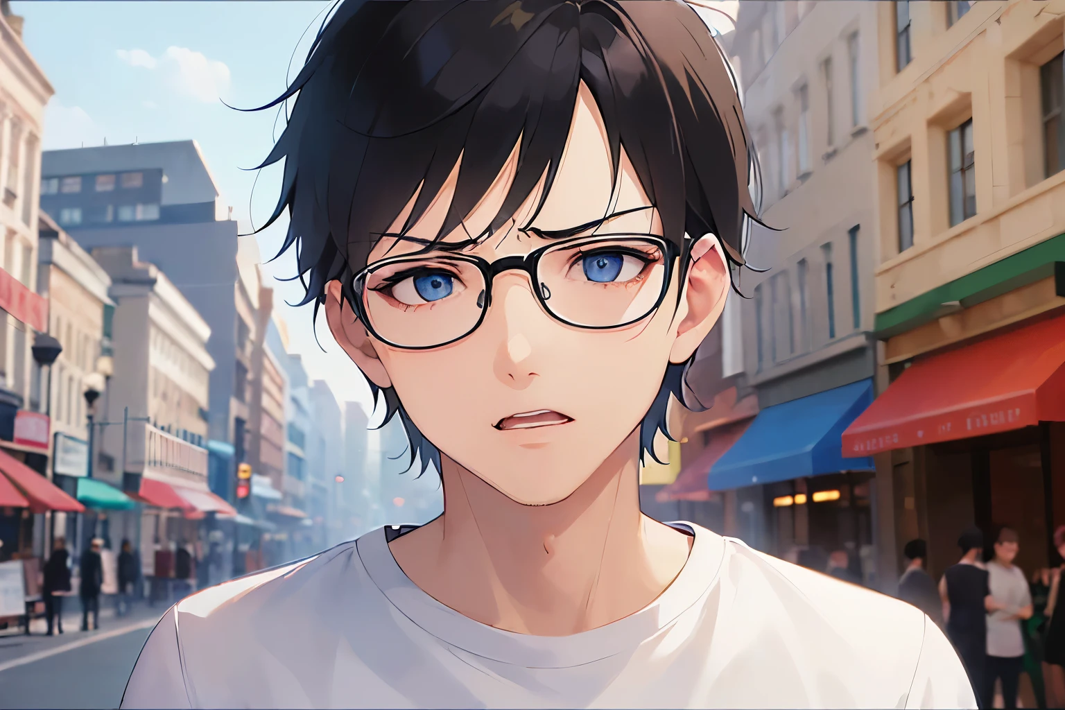 (outstretched arms:1.5), (plastic frame eyewear:1.3), masterpiece、high quality、(25 year old man with short black hair and blue eyes:1.5), hair over eyes, wearing a white T-shirt、(Alone:1.5)、(annoyed:1.5)、open mouth, (close up of your face:1.3)、(Only the upper body is shown.:1.3)、The background is a shopping street、bold composition、