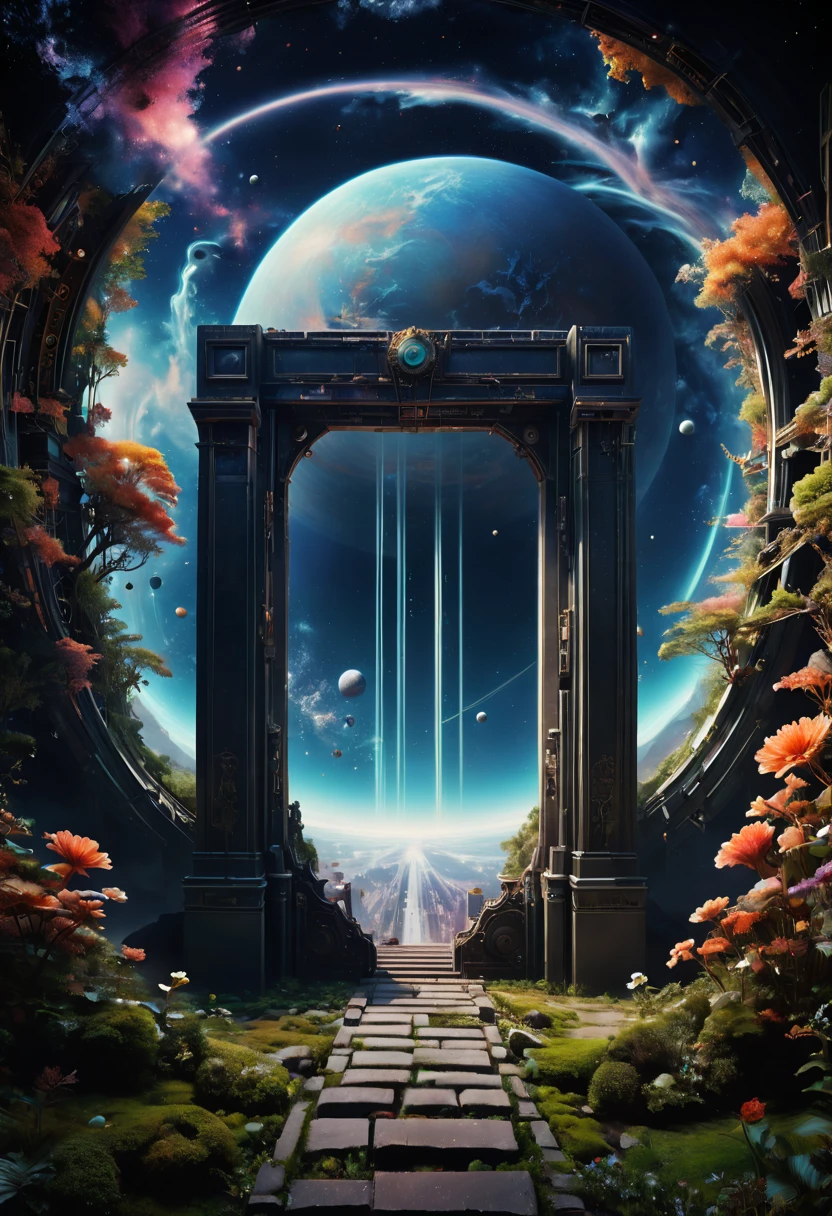 Forgotten gateway, huge magical entrance to unknown time and space, a dragon hovering on the door, chinese ink painting, matte painting, surreal epic scenes, mystery fantasy art, ethereal atmosphere, space light, panoramic view, (best quality, masterpiece, Representative work, official art, Professional, high-definition details, 8k)