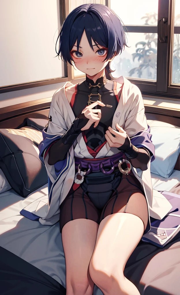 god wanderer，原god wanderer，Wearing cute and sexy pajamas，Blushing and lying on the bed shyly，Lifting up the clothes with his hands to reveal his flesh，in bedroom，The bed is white，Close the curtains at night，