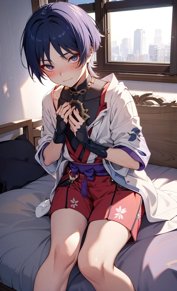 god wanderer，原god wanderer，Wearing cute and sexy pajamas，Blushing and lying on the bed shyly，Lifting up the clothes with his hands to reveal his flesh，in bedroom，The bed is white，Close the curtains at night，