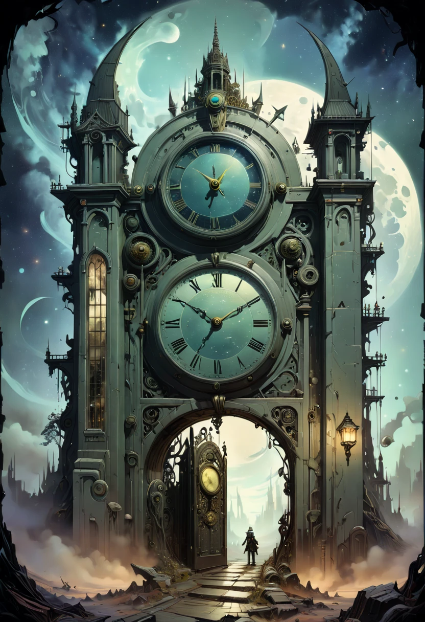 Forgotten gateway, huge magical entrance to unknown time and space, a dragon hovering on the door, chinese ink painting, matte painting, surreal epic scenes, mystery fantasy art, ethereal atmosphere, space light, panoramic view, (best quality, masterpiece, Representative work, official art, Professional, high-definition details, 8k)