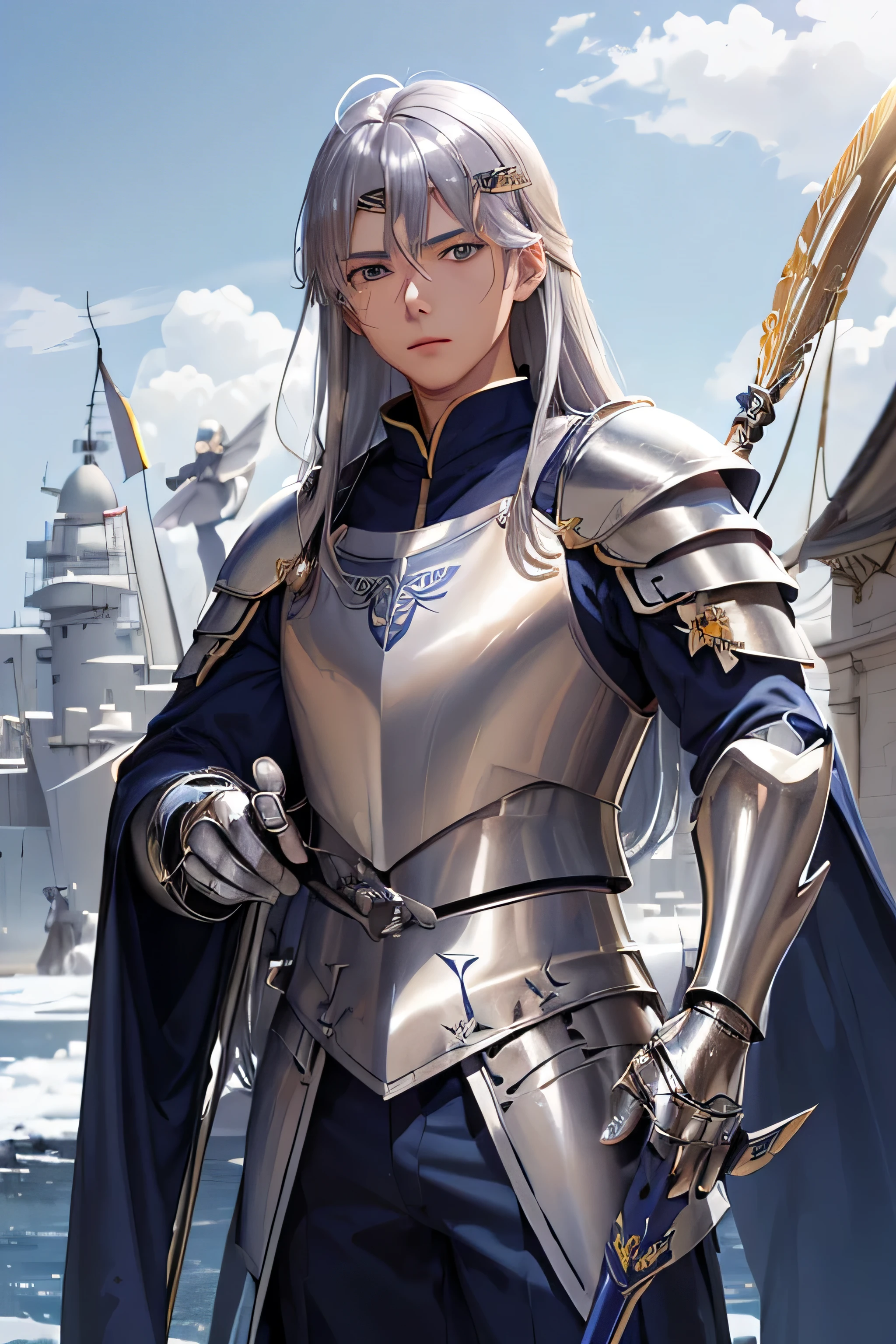 masterpiece、 High resolution、 (((one man)))、(((Man with a spear)))、 with a gun in hand、 (((((Navy blue straight hair)))))、 long hair、 all back、 ((circlet))、 (((Handsome guy)))、 (((Silver armor)))、 (((Silver Spear)))、 Divine Spear Gaeborg、 (((((cuchulainn)))))