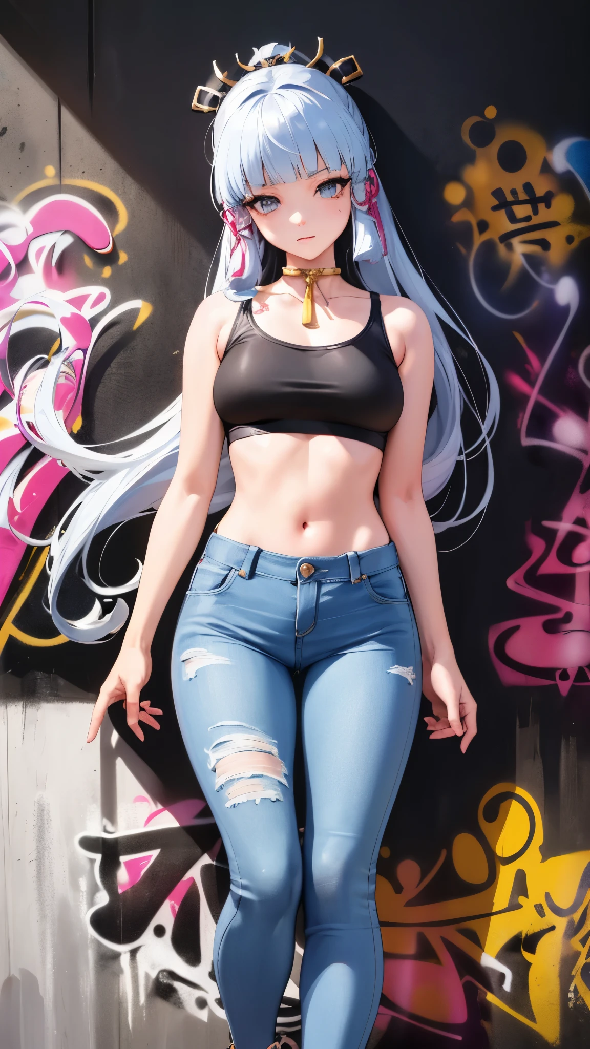 Ayaka Kamisato|Genshin Impact, masterpiece, best quality, 1 girl,25 years old, Proportional body, Lengthen the legs, beautiful, Proportional., crop top, long jeans, medium breasts, ,only, crop top, collar, (Graffiti:1.5), Splash with purple lightning pattern., arms behind back, against the wall, View viewers from the front., thigh strap, head tilt, boring,(national technology development bureau.:1.2), (10, best quality, masterpiece: 1.4), beautiful red hair, ultra high resolution, (lifelike, lifelike的肖像: 1.48), 20 years old, cute girl, (View through crop top.), Famous actor of the Japan, beautiful and clear eyes, head tilt, cowboy shooting, from the front, looking at the audience, Poker face, beautiful lake, Zeiss 150mm f/ 2.8 Hasselblad, whole body, foot, super wide angle,