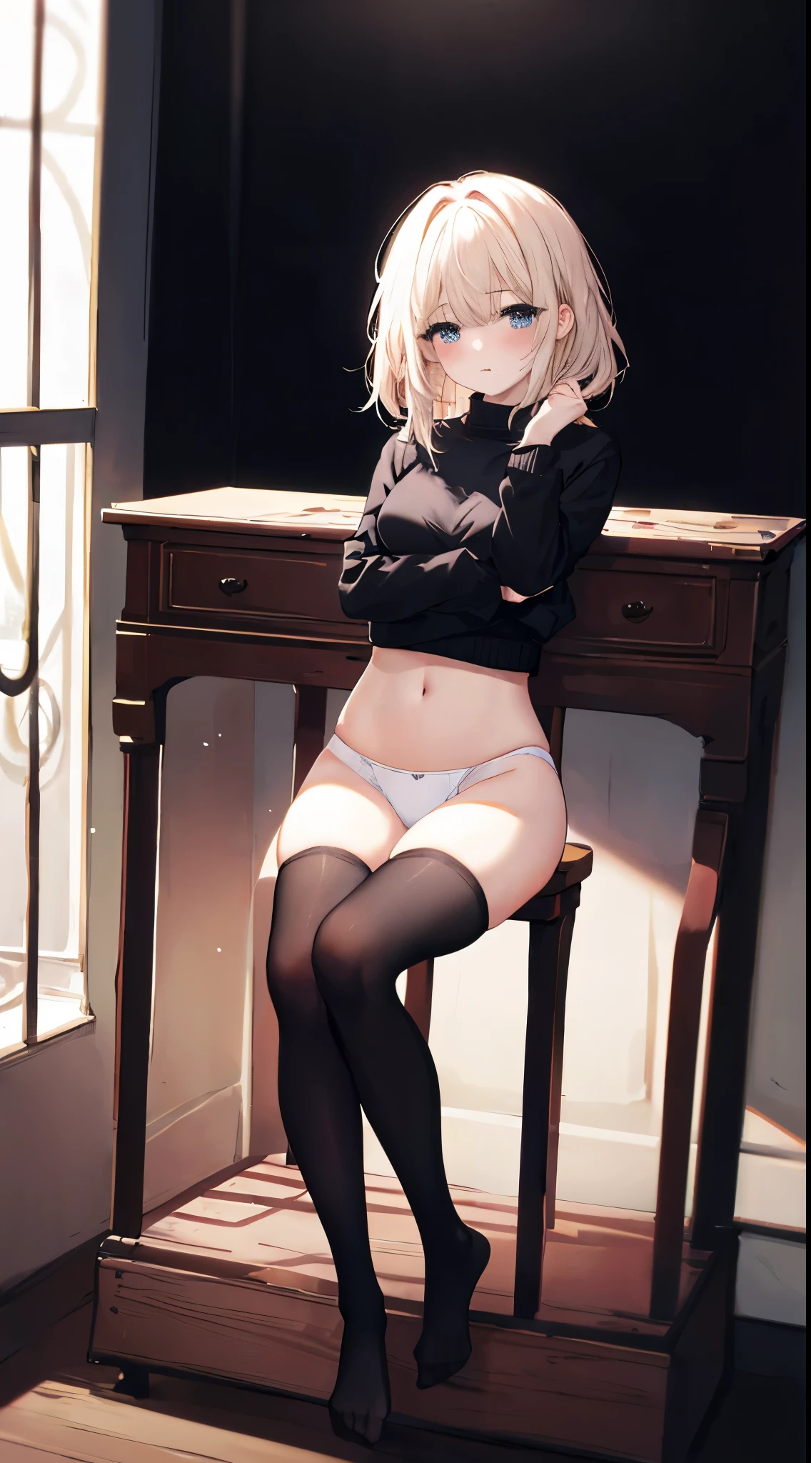 finest, masterpiece, High resolution, (Full body view from head to toe), front, frontやや下からの構図, Symmetrical, 18 year old tall girl, alone, (whole body from head to toe), (small breasts), messy hair, bangs, (black tights), (black pantyhose), (sitting with legs spread apart), (squating pose), (composition showing white panties), (Her legs are spread open and her white panties are visible.), made to sit with legs spread, (M-shaped legs), Slender legs, A very beautiful and tall 18 year old girl, (not wearing shoes), blush, shy big eyes, looking at camera