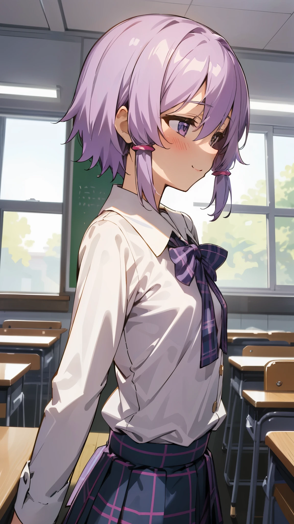 Genki girl、solo、Yuzuki Yukari、18-year-old、small breasts、Slender body type、smile、blush、profile、Light purple hair、short hair、(hair between eyes)、(White blouse shirt:1.2、Tartan checked skirt)、upper body close-up、After-school classroom