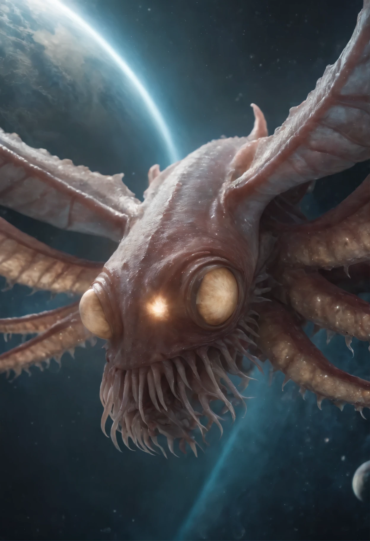 (giant eye with eight wings, tentacles, tearing apart the world), eyes, squeezed eyes, missile, shot, detailed giant squid, cosmic creature, space, extraterrestrial, shooting stars, tentacles, cosmic dust, watery depths, dark and mysterious, alive colors, epic scene, dramatic lighting, realistic, high definition, masterpiece:1.2,
