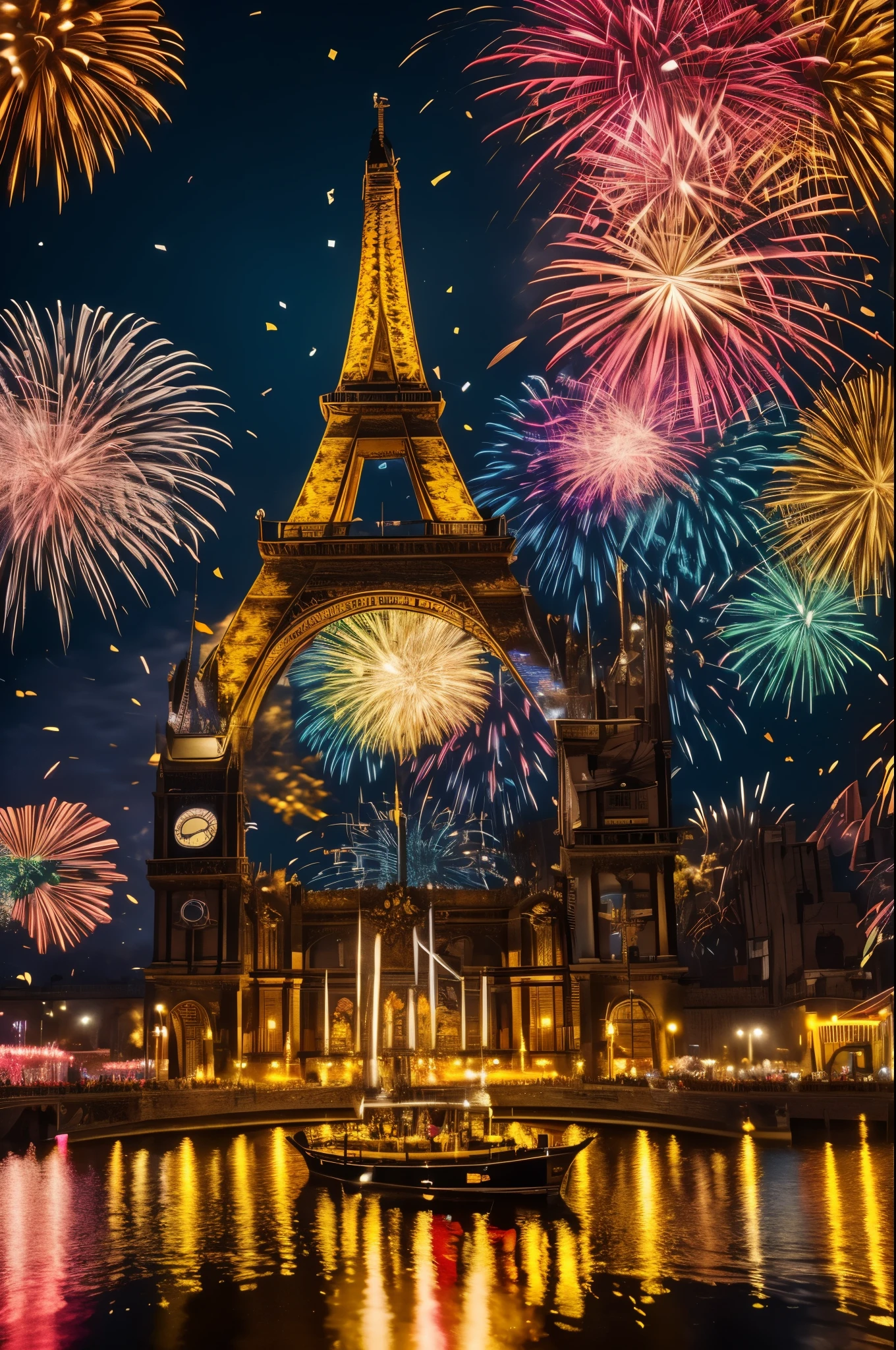 (best quality,4K,8k,high resolution,masterpiece:1.2), Energetic fireworks, A colorful celebration, Open champagne, Midnight bells, Set resolution, Gathering of family and friends, Scattered confetti, Flashing candles, antique pocket watch, Thrilling countdown