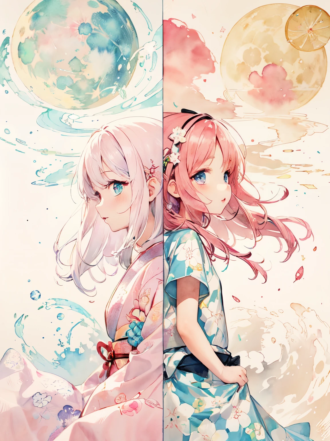 (Cute world) A 5 girl is having the moon and the sun side by side in a back to back comparison, she can't tell which one is bigger,(Color pattern:light pink, angel kiss ,thunder)(Clothing: grunge fashion)
(Ink on Japanese paper, which tends to bleed easily)(contemporary art like a picture book) The illustration is created by using the soft and fantastic blotches of watercolor painting, in which paint is dripped onto Japanese paper and various colors of paint blotches form and a beautiful woman emerges, Delicate watercolor touch animation illustrations and pencil line drawings, soft and rich color layers, handwritten animation,