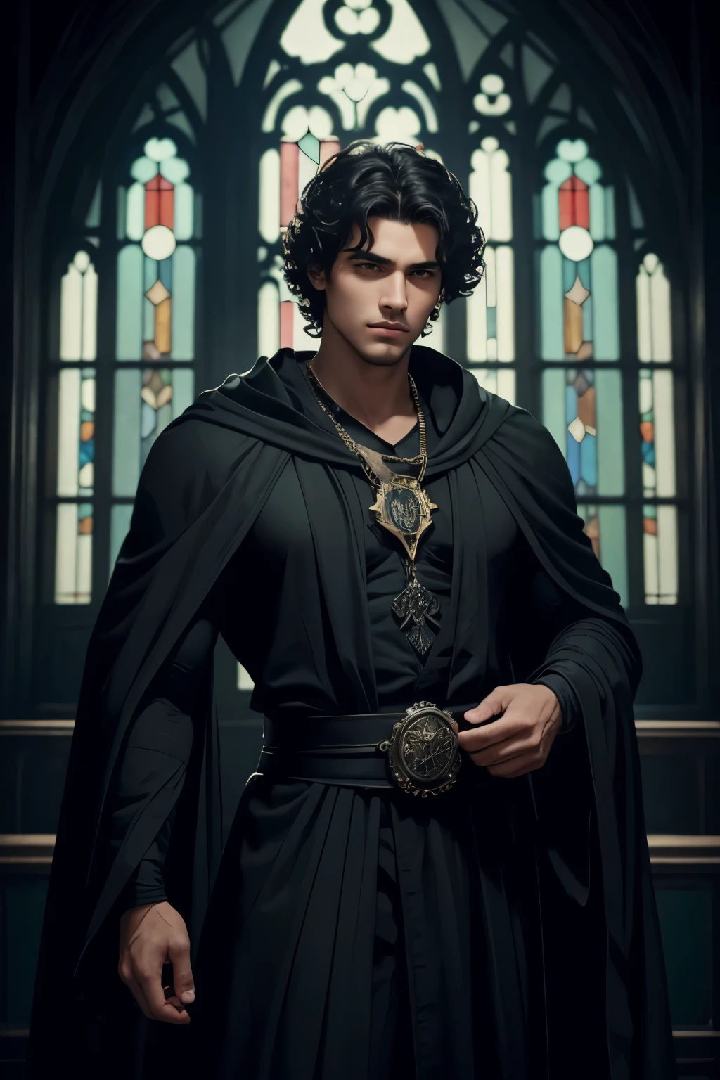 ((Best quality)), ((masterpiece)), (detailed), ((perfect face)), ((halfbody)) perfect proporcions, He is a handsome man, 25 years old, with intense green eyes, dark curly hair, he has tanned skin, he wears a black robe, he has a serious face, he is sexy, he has a wizard's robe, there is a gothic window background behind him ((perfect face))