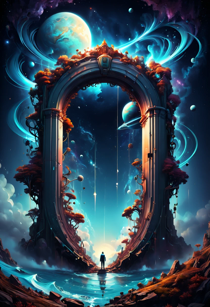 Forgotten gateway, huge magical entrance to unknown time and space, a dragon hovering on the door, chinese ink painting, matte painting, surreal epic scenes, mystery fantasy art, ethereal atmosphere, space light, panoramic view, (best quality, masterpiece, Representative work, official art, Professional, high-definition details, 8k)