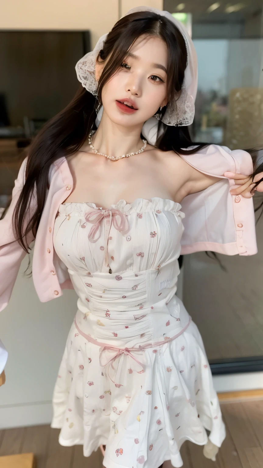 a close up of a woman in a dress and a hat, vestindo chiton floral rosa, elegant espartilho, Vestindo roupas lindas, vestido tubinho, #oc, # oc, Sha Xi, jia, usando roupas lindas, usando vestido floral rosa, pale milky white porcelain skin, espartilho, fofo, 8k)), Bela Delfina, wearing espartilho