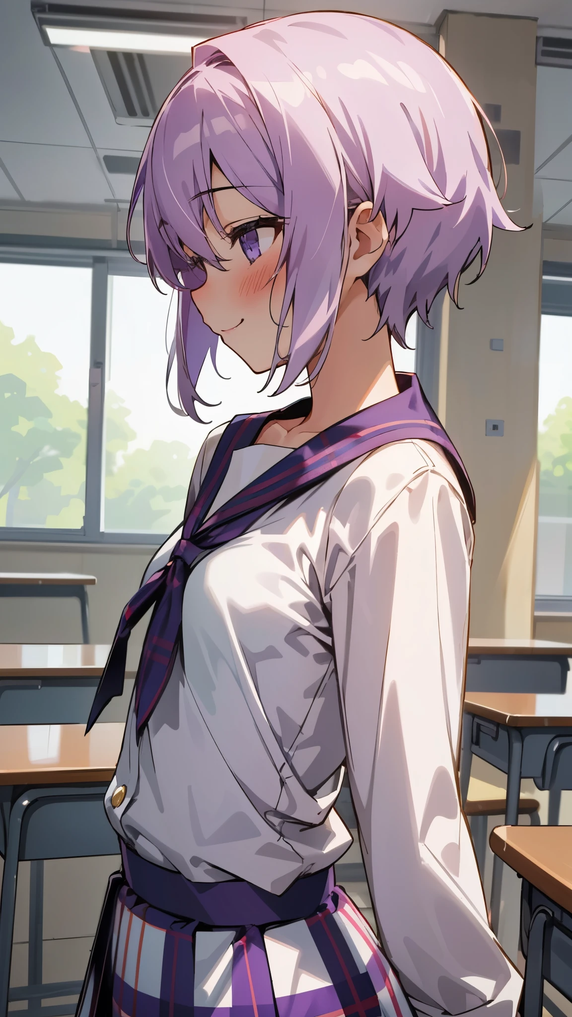 Genki girl、solo、Yuzuki Yukari、18-year-old、small breasts、smile、blush、profile、Light purple hair、short hair、(hair between eyes)、（White blouse shirt:1.2、Tartan checked skirt）、upper body close-up、After-school classroom