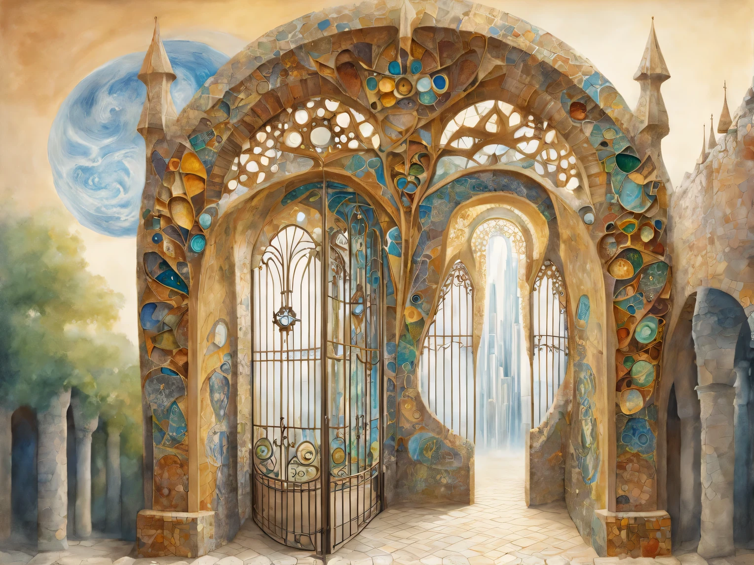 Invent and depict, what the Forgotten Gates of time and space would look like, if Antoni Gaudi painted them.