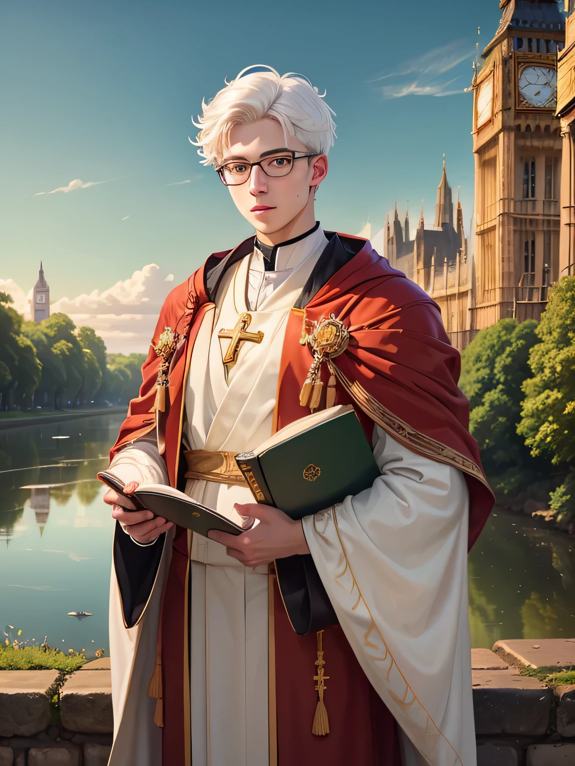 young people, London, United Kingdom, young people, Proselyte, co, wear glasses, white hair, broken to pieces, robe, cross, bible, in front of the river