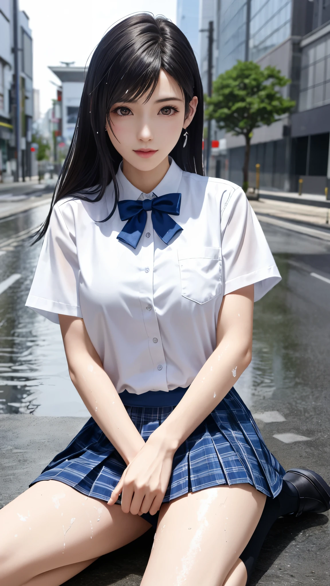 (top quality, masutepiece: 1.1), (Realistic: 1.3), (photoRealistic: 1.3),wallpapers, BREAK (((FF7,Tifa_lockhart))),(((Japan jk uniform,White short-sleeved shirt,Navy Blue Plaid Pleated mini-Skirt,Dark blue short socks,loafers))),(background big city,shibuya:1.1,heavy rain:1.3),(gravure pose:1.3,nogizaka idol),Ultra-detailed face, Detailed eyes,Red eyes, BREAK (((FF7,Tifa_lockhart))),(black brown hair, Large breasts: 1.2), (all body soaked:1.3),Wet clothhes, see through, Residential Background, cityscape, rain, mist, water, puddle,splashing, drop shadow,rain, reflection, BREAK , About 18 years old,kawaii,(face focus:1.2),sensual,zettai_ryouiki:1.1,looking at viewer,Beautiful legs, 