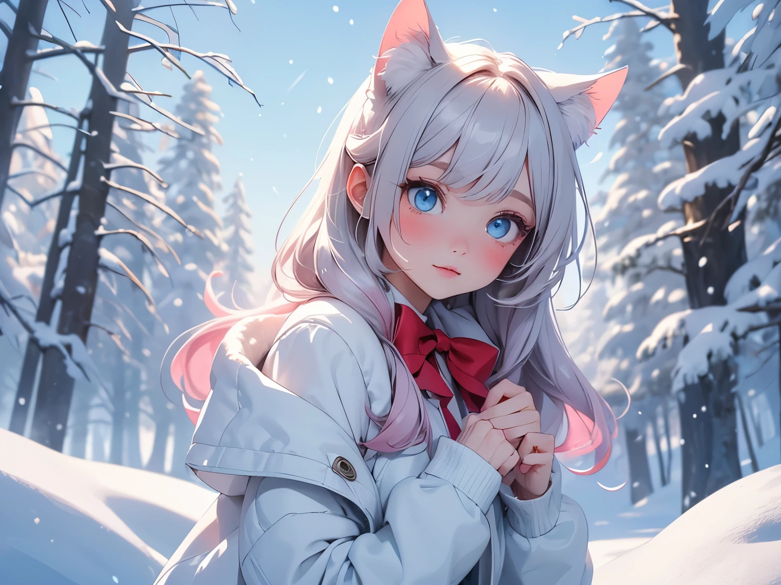 (best quality,4K,8k,high resolution,masterpiece:1.2),Super detailed,(actual,photoactual,photo-actual:1.37),A cute cat girl，light blue eyes，pale-blonde hair，Has soft, fluffy white fur, With cute and delicate eyes and delicate pink nose and lips, Standing in the snow. Girl with sweet and innocent expression, With a hint of curiosity in his eyes. She wears a comfortable winter coat, Red bow tie, Adds an extra touch of cuteness to her appearance. Snowflakes fell gently around her, Create a magical and dreamy atmosphere.

The snow-covered land is pristine and pure, Create a soft and tranquil background for Cat Girl. Parts of trees and leaves covered with snow, Thin branches peeked out through the white blanket. sunlight through the trees, Casts a warm, soft glow on the scene, Enhance the overall charming atmosphere.

The color palette is dominated by white and soft pastels, Create a calm and soothing atmosphere. Catgirl&#39;s fur is a mix of white and cream, There is a hint of pink blush on the cheeks. The landscape is bathed in cool tones of blue and gray, Subtle pastel pinks and purples in the sky and clouds.

Lighting is soft and diffuse, Cat girl silhouette illuminated with soft backlight, Creates a soft halo effect around her. Shadows cast by trees add depth and dimension to the scene, Enhance its overall sense of realism.

This prompt will deliver a stunning and heartwarming masterpiece, Snow scenes show the beauty of nature and Catwoman’s innocence.