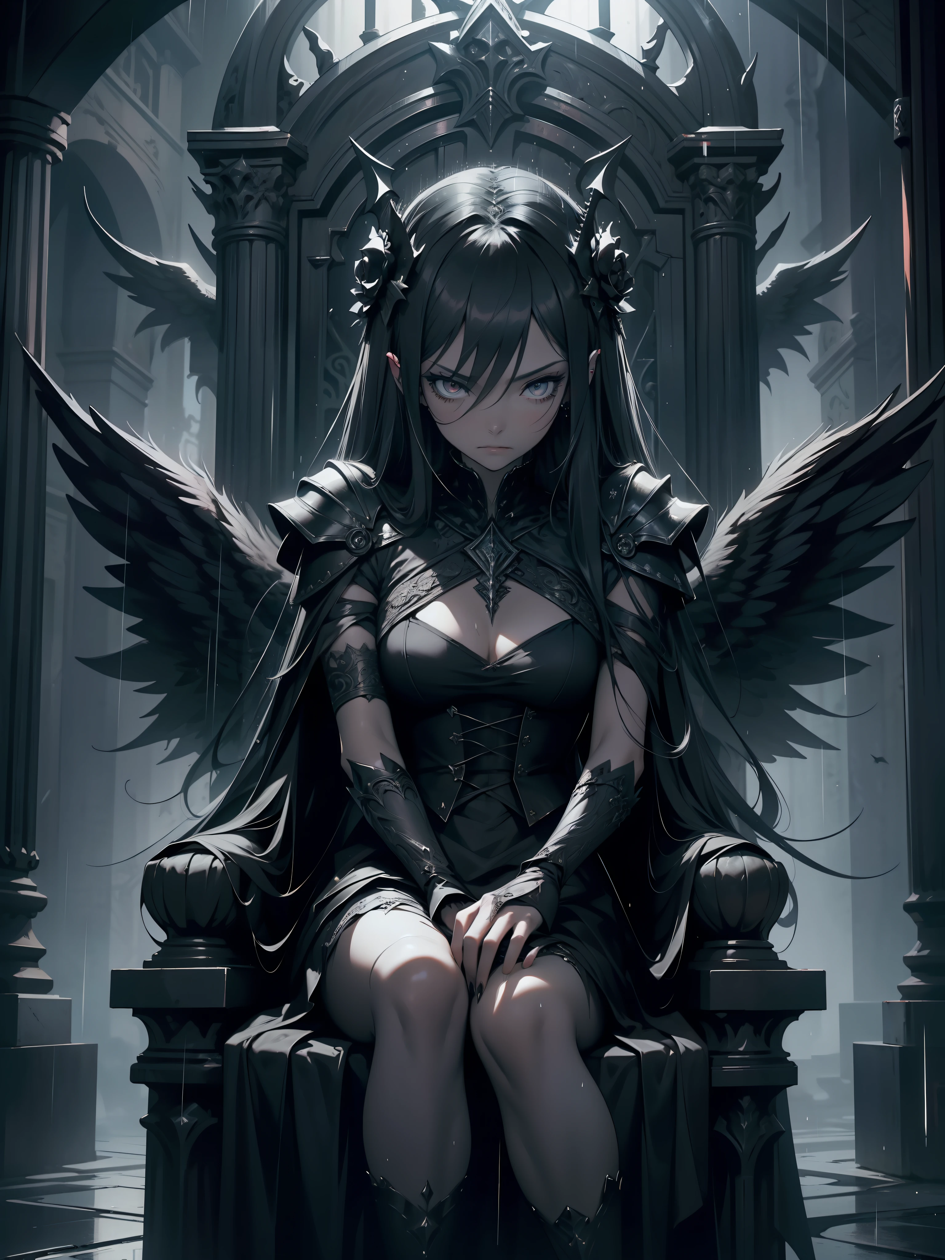 schwarzes Thema,(((Meisterwerk))),tote Engel, Thron, she is evil and beautiful, blutiger Regen, mystisch, Fanatiker, kompliziert, surreal, empfindlich, 6 Arme, 4 black wings, gepanzertes Gothic-Kleid tragen