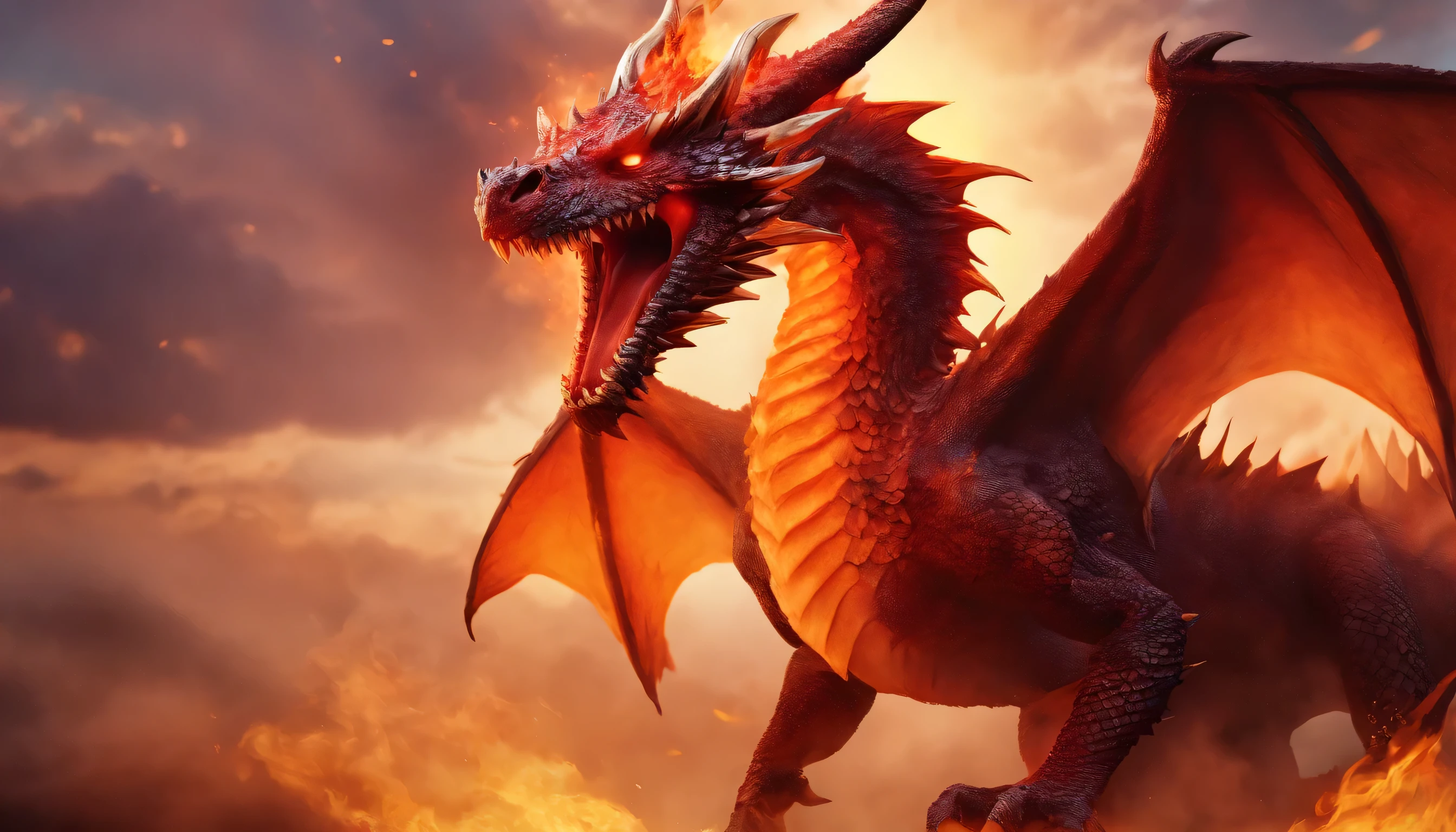 Fire Dragon , Dragon is breathing fire , chest, tail, wing, sharp teeth, horn