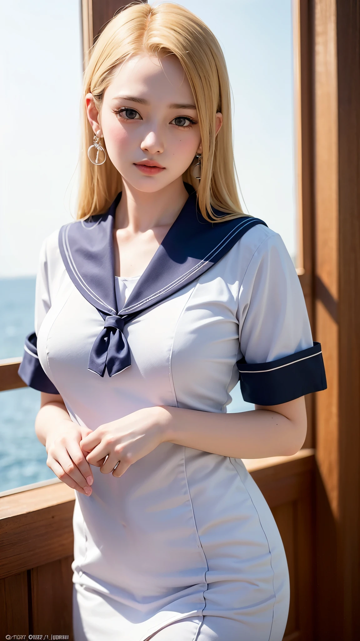 original photography, (((极致beauty的肖像))), Upper body, front Photo，looking at camera, (((fair skin、Light滑、有Light泽、beauty)), 18岁的beauty女孩，有着非凡非常完美的漂亮beauty的脸, small face, (silky blonde straight hair，闪闪发Light)], Eyeliner, ((masterpiece, top quality, Ultra-detailed, Light, intricate details, high resolution, 8k, Very detailed)), Detailed background, 8 kood, high quality, shallow view deep, natural Light, (perfect hands), Uniforms, Japanese sailor suit, big breasts