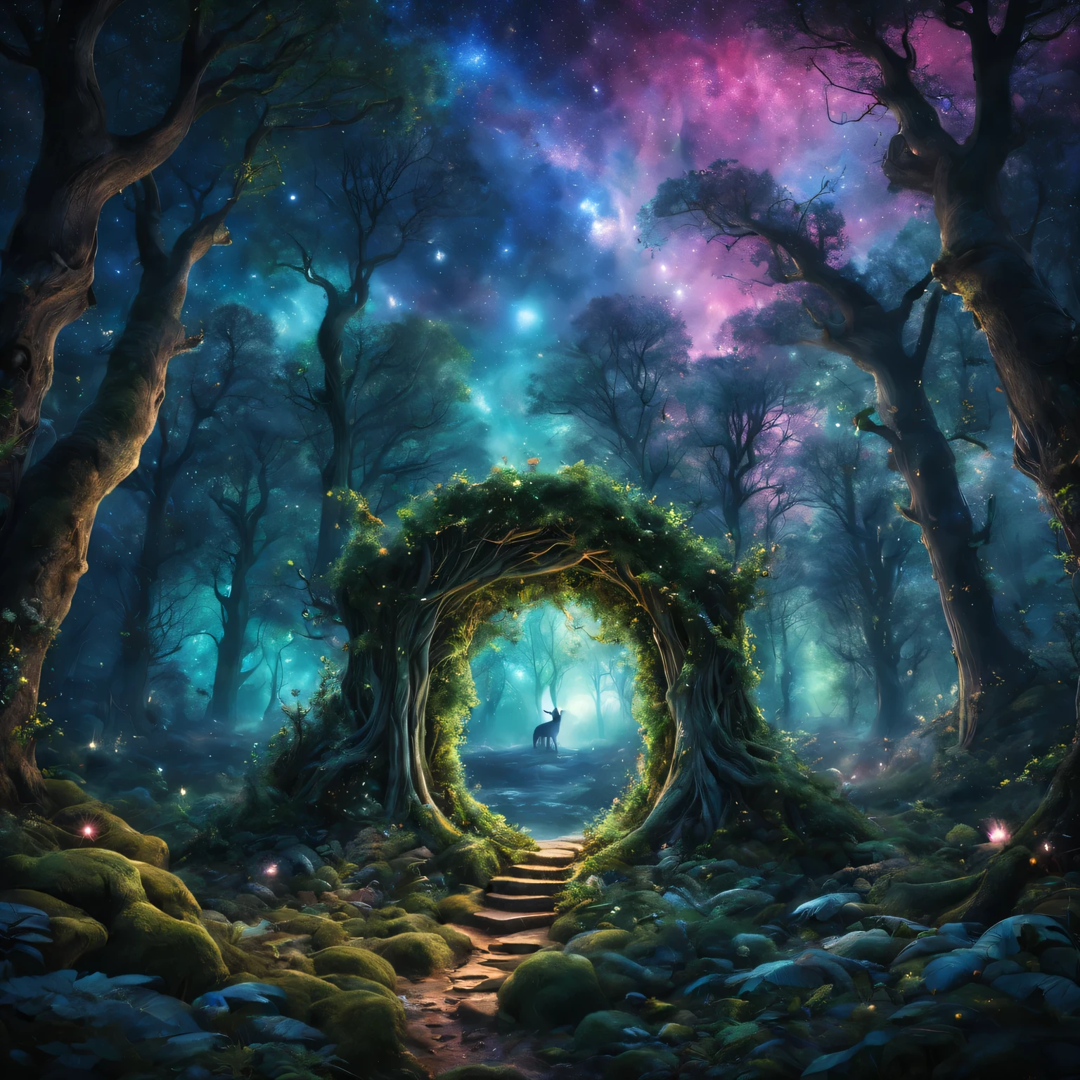 (best quality,high resolution),Magical forest scenes and charming starry sky gates,(actual:1.37),enchanted woodland,Charming atmosphere,Mysterious atmosphere and ethereal lighting,Vibrant color palette,Enchanting night sky,Sparkling stars and constellations,Bright moonlight,sparkling magic particles,dense foliage,ancient towering trees,whispering leaves,roaming magical creatures,majestic unicorns and fairies,a peaceful and serene atmosphere.