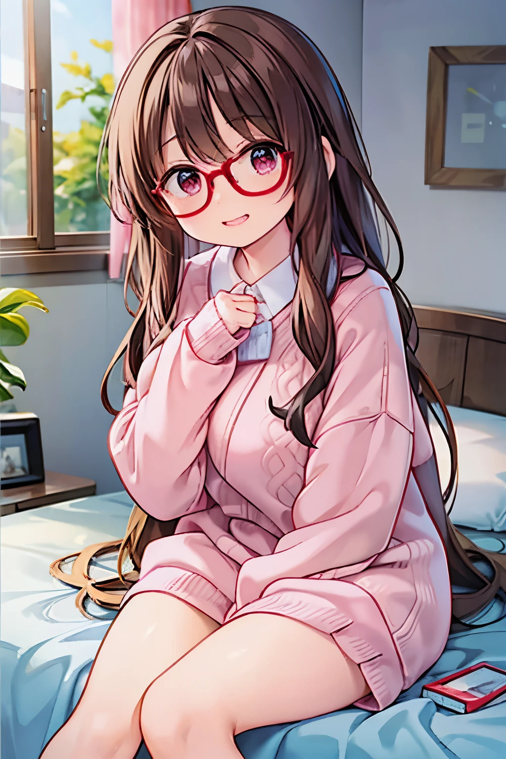 Beautiful girl wearing a baggy sweater。Her panties were hidden by a sweater on her lower body.、It looks like he&#39;s not wearing anything at all。barefoot。barefoot。Super long hair that reaches down to the calves。Moderately thick thighs。By the window。He supports his body with his left hand on the bed.。pink sweater。A grinning face。black hair。丸くて大きめのGlasses。large pink sweater。pink sweater。Glasses。healthy thighs。丸Glasses。Glassesをかけている。
