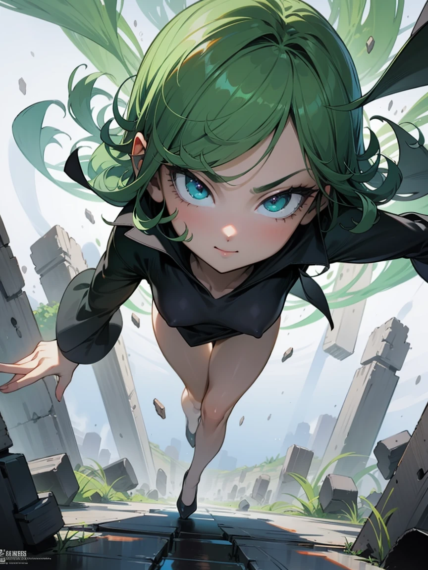 tatsumaki, flat chest, very small breasts, infantile body type, (:1.2)
BREAK 
full body view, full body shot, contraposto,  
BREAK 
evil smile
BREAK 
Masterpiece, best quality, high resolution, 8K, official art, super resolution, extremely detailed and beautiful, extremely detailed, amazing and detailed, highly detailed beautiful girl, highly detailed face, highly detailed eyes, highly detailed skin, highly detailed fingers, highly detailed nose, very detailed mouth, perfect anatomy 
BREAK 
ruins, ruined city, extremely detailed CG unity 16k, very fine 16KCG wallpapers