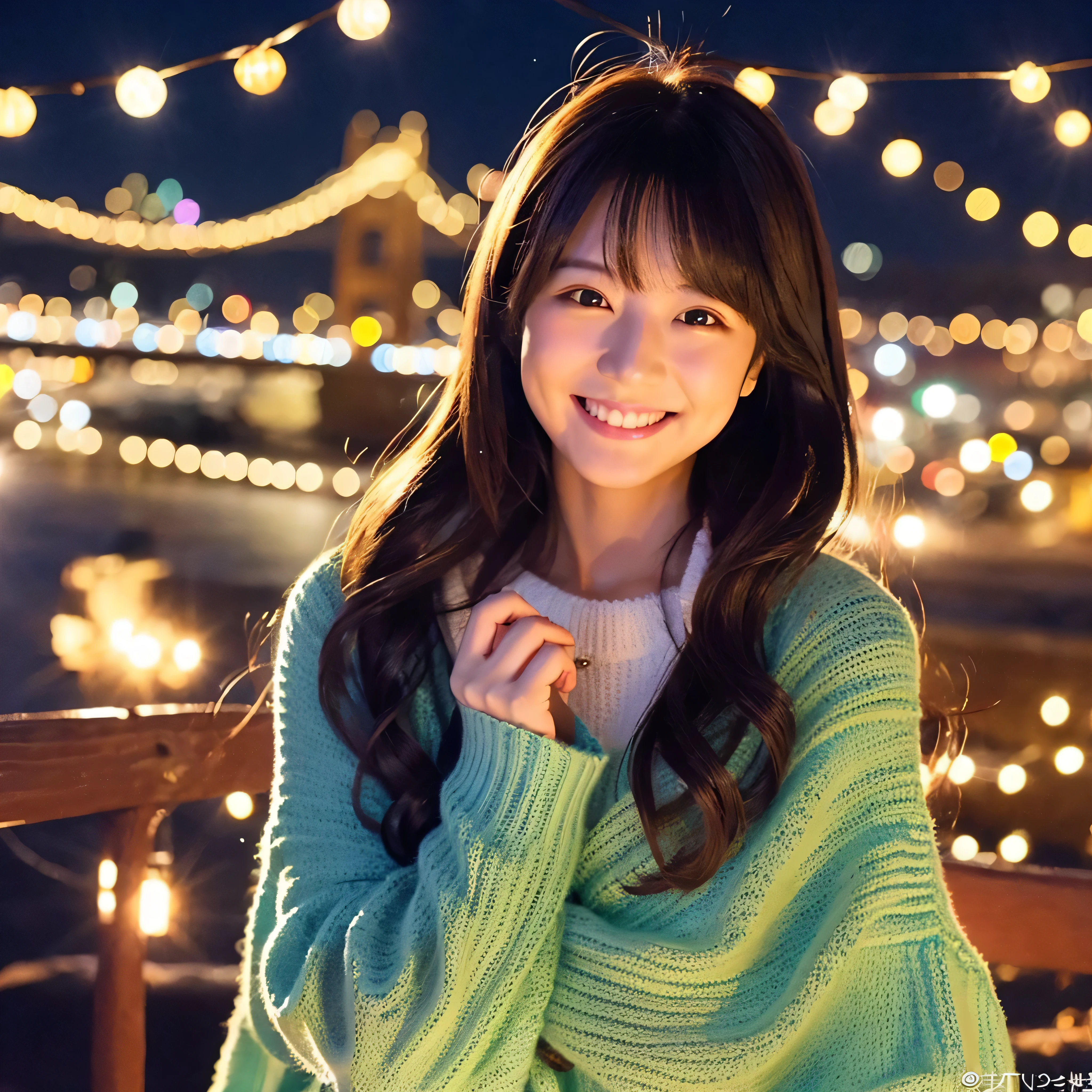 beautiful girl、Idol、smile、look at the camera、28 years old、Japanese、knit、night view、date