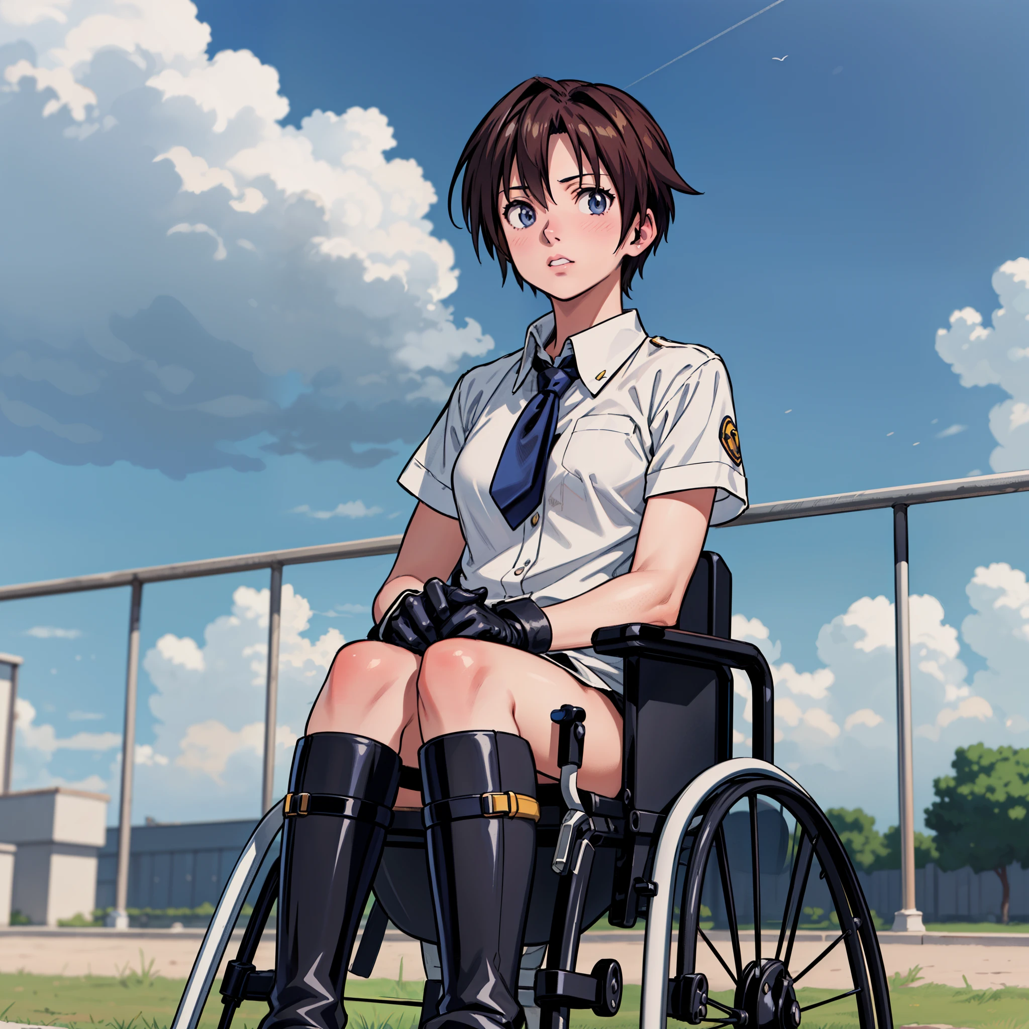 (bestsquality,4k,8k,highres,masterpiece:1.2),ultra-detailed,(realistic,photorealistic,photo-realistic:1.37),3D rendering,anime style,smooth anime CG art,detailed anime art style,realistic anime girl render,anime realism style,pixiv,smooth animation,realistic 3D style,makoto shinka,title:today's featured anime,highly detailed character,smooth character design,realistic anime girl,beautifully rendered,((from above)),black race-up long boots,tie-wearing, open finger-glove,wheelchair-bound woman,rage, embarrassed vibrant colors,strong lighting,immersive scene,cutting-edge animation techniques