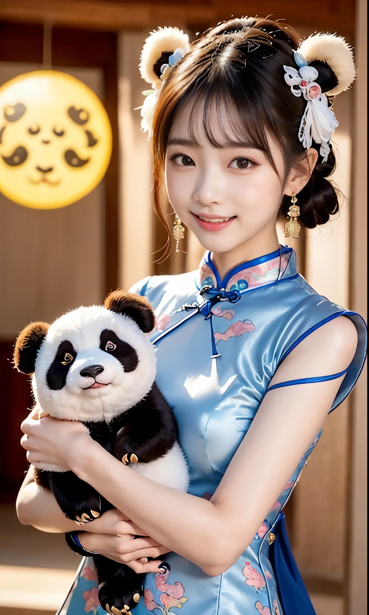 (super highest quality、Super high resolution、８ｋ、masterpiece:1.3)、beautiful woman with perfect figure:1.4、、black hair、((Blue cheongsam))、((((((no background)))))、cute、highly detailed face and skin、fine eyes、double eyelid、thin legs、best smile、(((１people)))、(Woman with stuffed panda)、((１2 large stuffed pister pandas))、best smile、extraordinary beauty、Age is  years、perfect proportions、((Cheongsam with dragon design))、Bury your face in a stuffed panda、cuteパンダのぬいぐるみ、一peopleぼっち