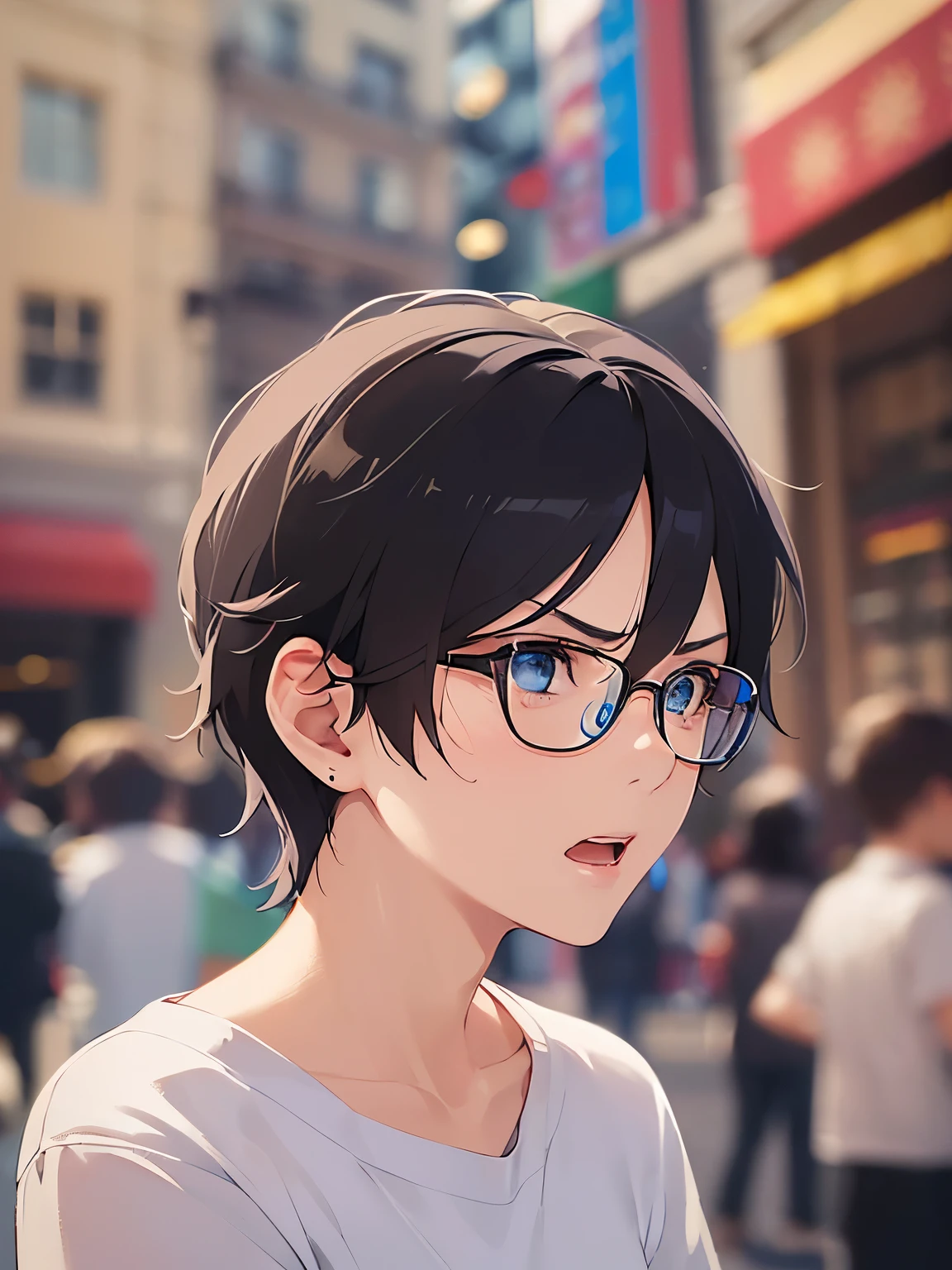 side angle, (plastic frame eyewear:1.1), (looking away:1.5), masterpiece、high quality、(25 year old man with short black hair and blue eyes:1.5), hair over eyes, wearing a white T-shirt、(Alone:1.5)、(annoyed:1.5)、open mouth, (close up of your face:1.3)、(Only the upper body is shown.:1.3)、The background is a shopping street、bold composition、