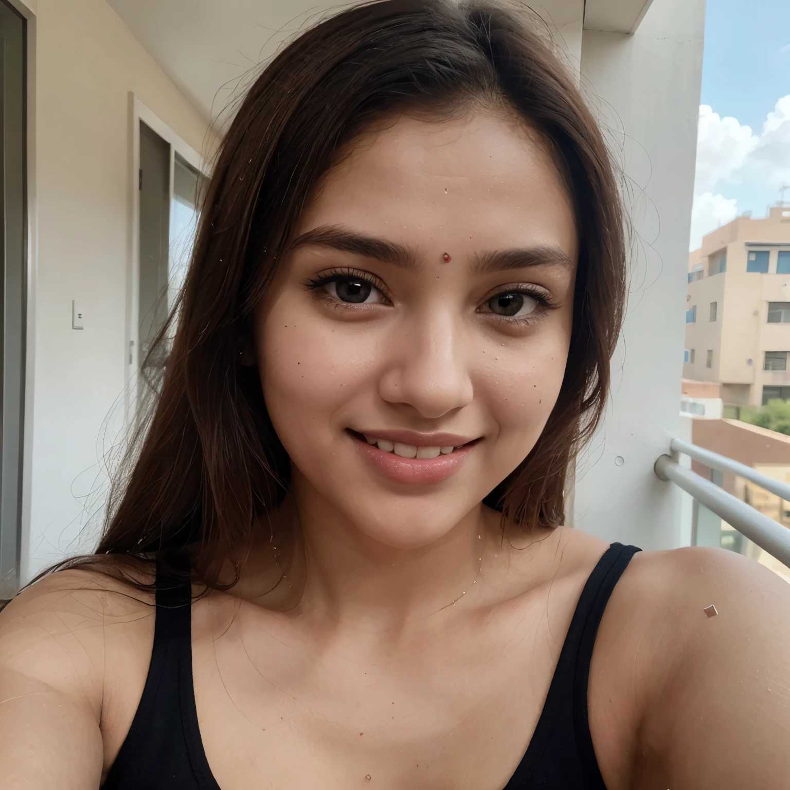 Pretty and hot 19 year old indian girl with clear and white skin, cute eyes and pink lips, brown hairs,sexy figure, realistic, iphone selfie in balcony, wearing a sexy black top, young, close up selfie, clear forehead, natural clear skin, hyper realistic, masterpiece, smiling,