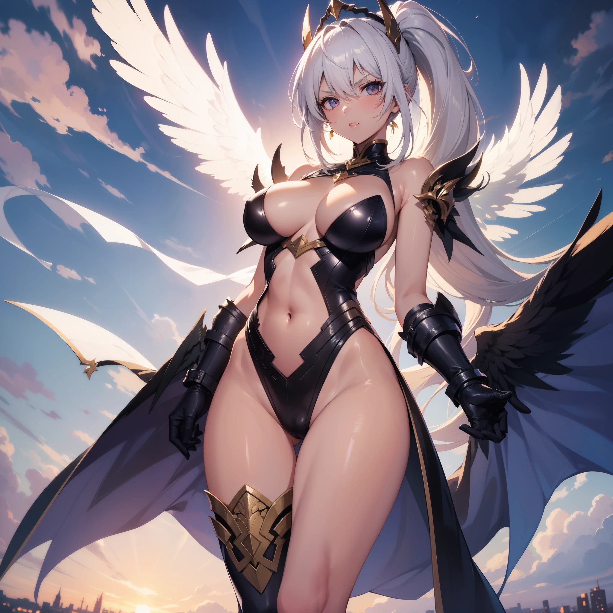 fantasy, 1angel_girl, brown_ponytail_hair, (dark_skin:1.1), bare_shoulder, navel, thigh,silver_shiny_armor, white_clothes,waist_armor, glebe, hold_swords, big_tits, angry, dynamic_fighting_pose, floating, (1pair_white_wings:1.2), sunrise_city_background,(pelvic_curtain:1.3), headgear, large_ass,apart_legs,solo,nsfw